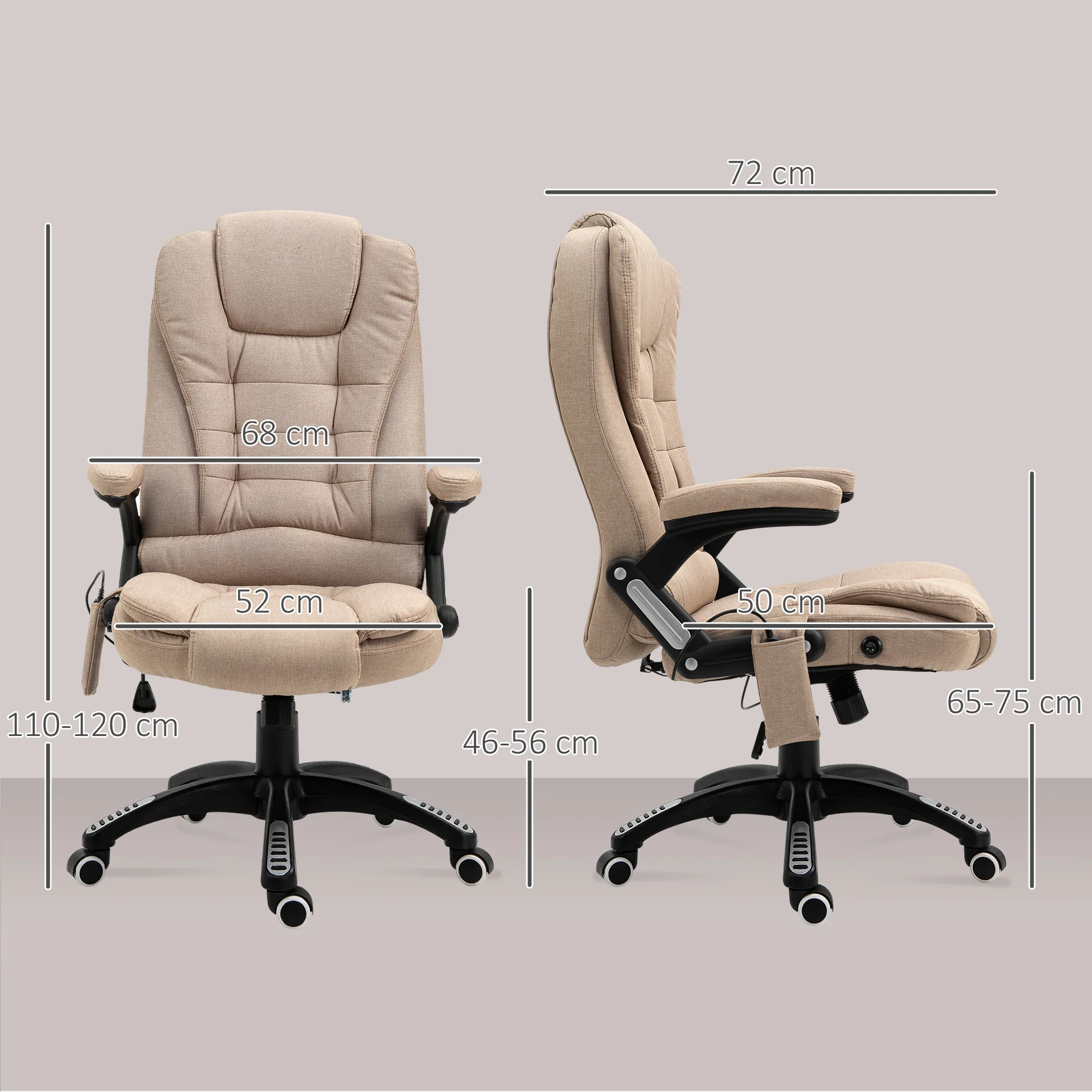 Fauteuil de bureau massant et chauffant, chaise de bureau, chaise ergonomique avec hauteur réglable, dossier inclinable et télécommande filaire, pivotant à 360° tissu en polyester beige - Image 4