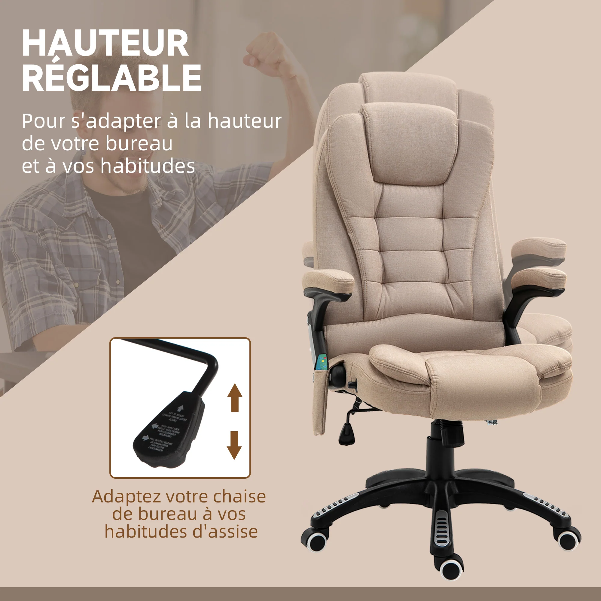 Fauteuil de bureau massant et chauffant, chaise de bureau, chaise ergonomique avec hauteur réglable, dossier inclinable et télécommande filaire, pivotant à 360° tissu en polyester beige - Image 6