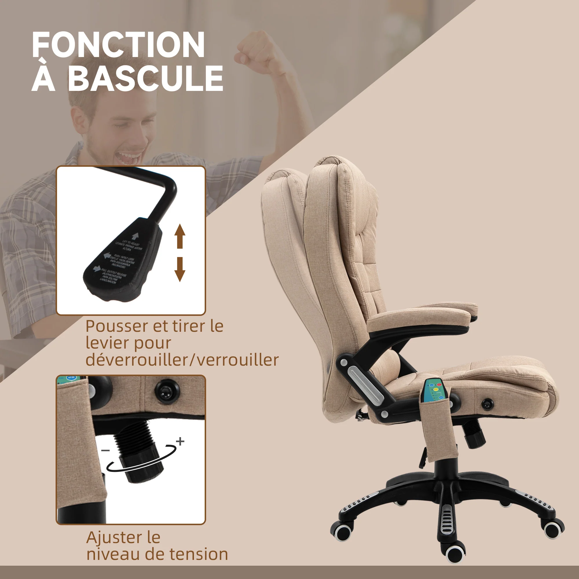 Fauteuil de bureau massant et chauffant, chaise de bureau, chaise ergonomique avec hauteur réglable, dossier inclinable et télécommande filaire, pivotant à 360° tissu en polyester beige - Image 7