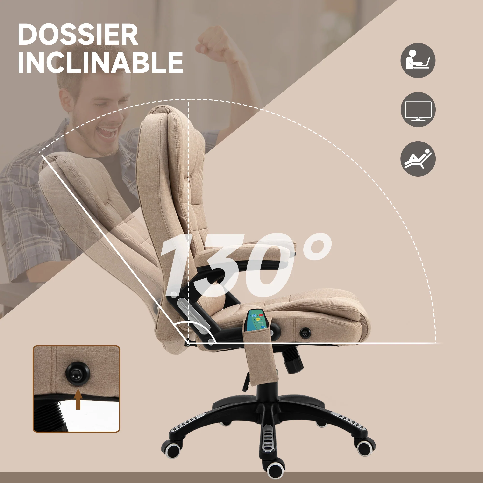 Fauteuil de bureau massant et chauffant, chaise de bureau, chaise ergonomique avec hauteur réglable, dossier inclinable et télécommande filaire, pivotant à 360° tissu en polyester beige - Image 8