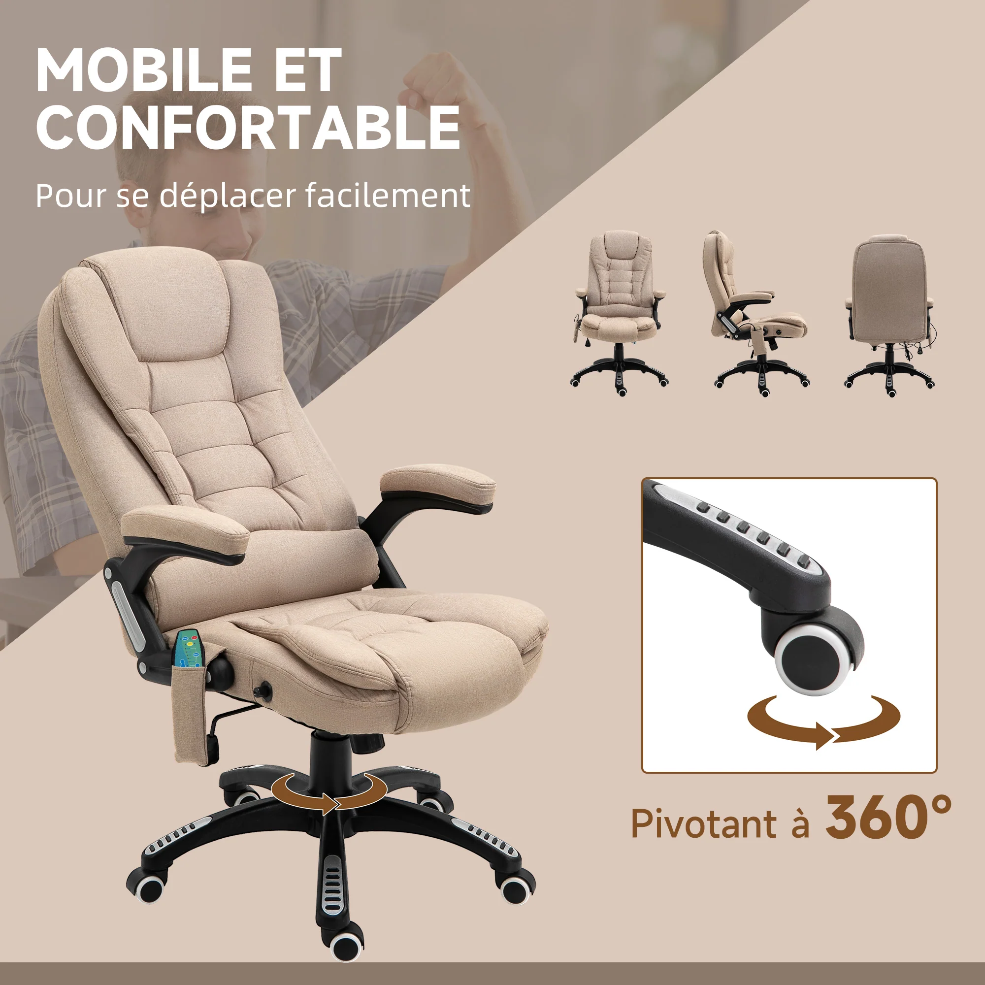 Fauteuil de bureau massant et chauffant, chaise de bureau, chaise ergonomique avec hauteur réglable, dossier inclinable et télécommande filaire, pivotant à 360° tissu en polyester beige - Image 9