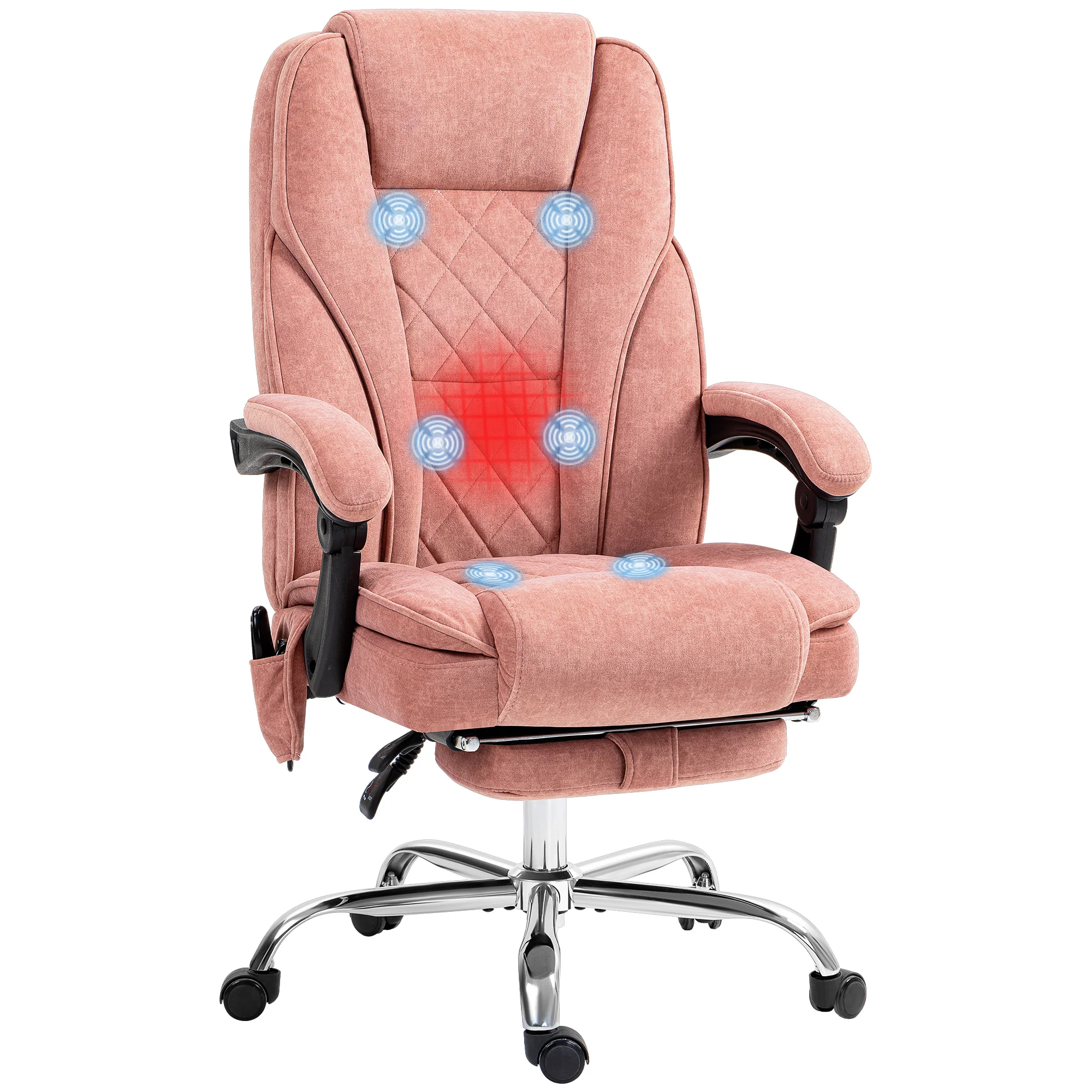 Fauteuil de bureau massant et chauffant chaise de bureau chaise ergonomique avec hauteur réglable dossier inclinable télécommande filaire repose-pieds rétractable et pivotant 360° rose - Image 11