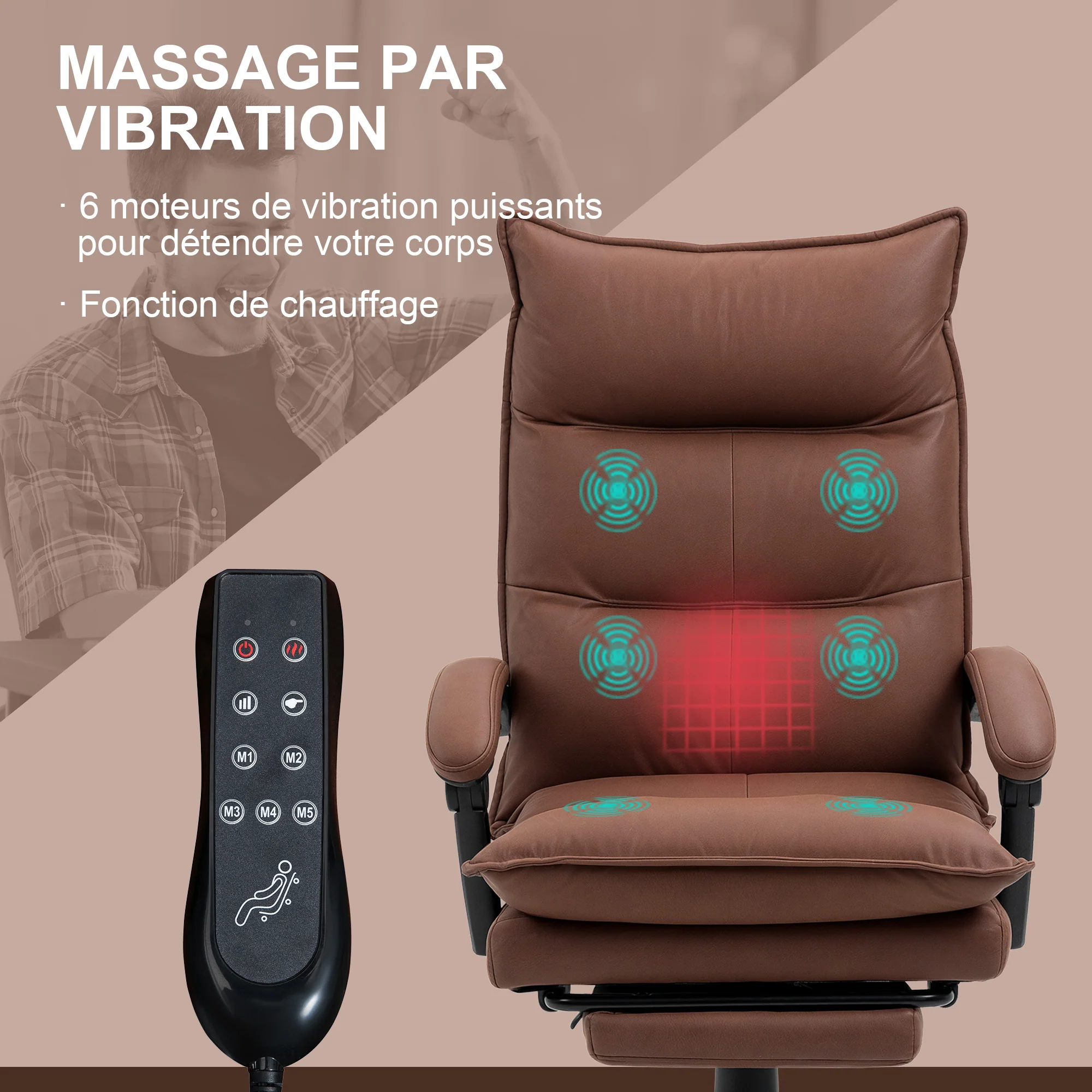 Fauteuil de bureau massant et chauffant, chaise de bureau, chaise ergonomique avec hauteur réglable, dossier inclinable et télécommande filaire, pivotant à 360°, tissu en microfibre, marron - Image 5