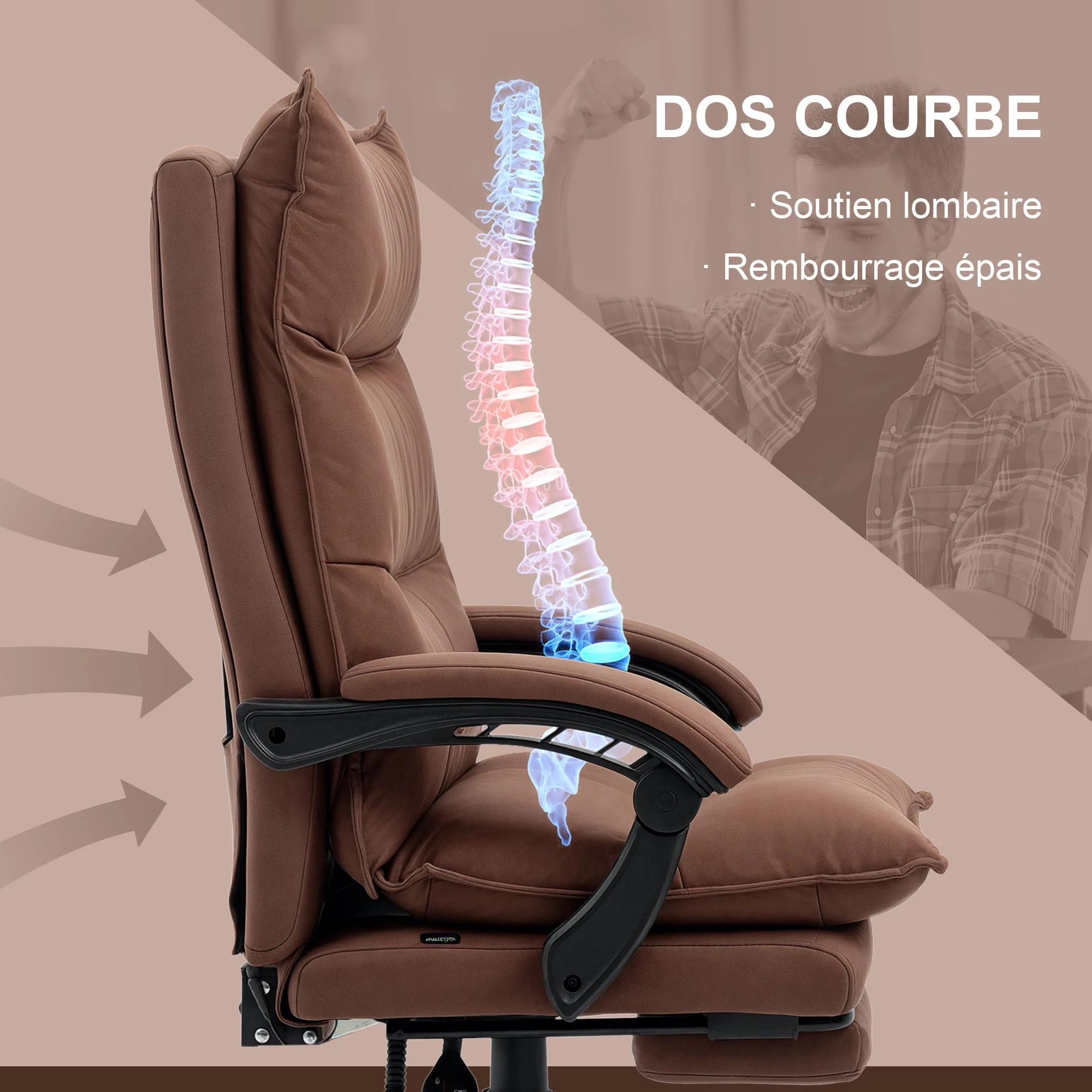 Fauteuil de bureau massant et chauffant, chaise de bureau, chaise ergonomique avec hauteur réglable, dossier inclinable et télécommande filaire, pivotant à 360°, tissu en microfibre, marron - Image 6