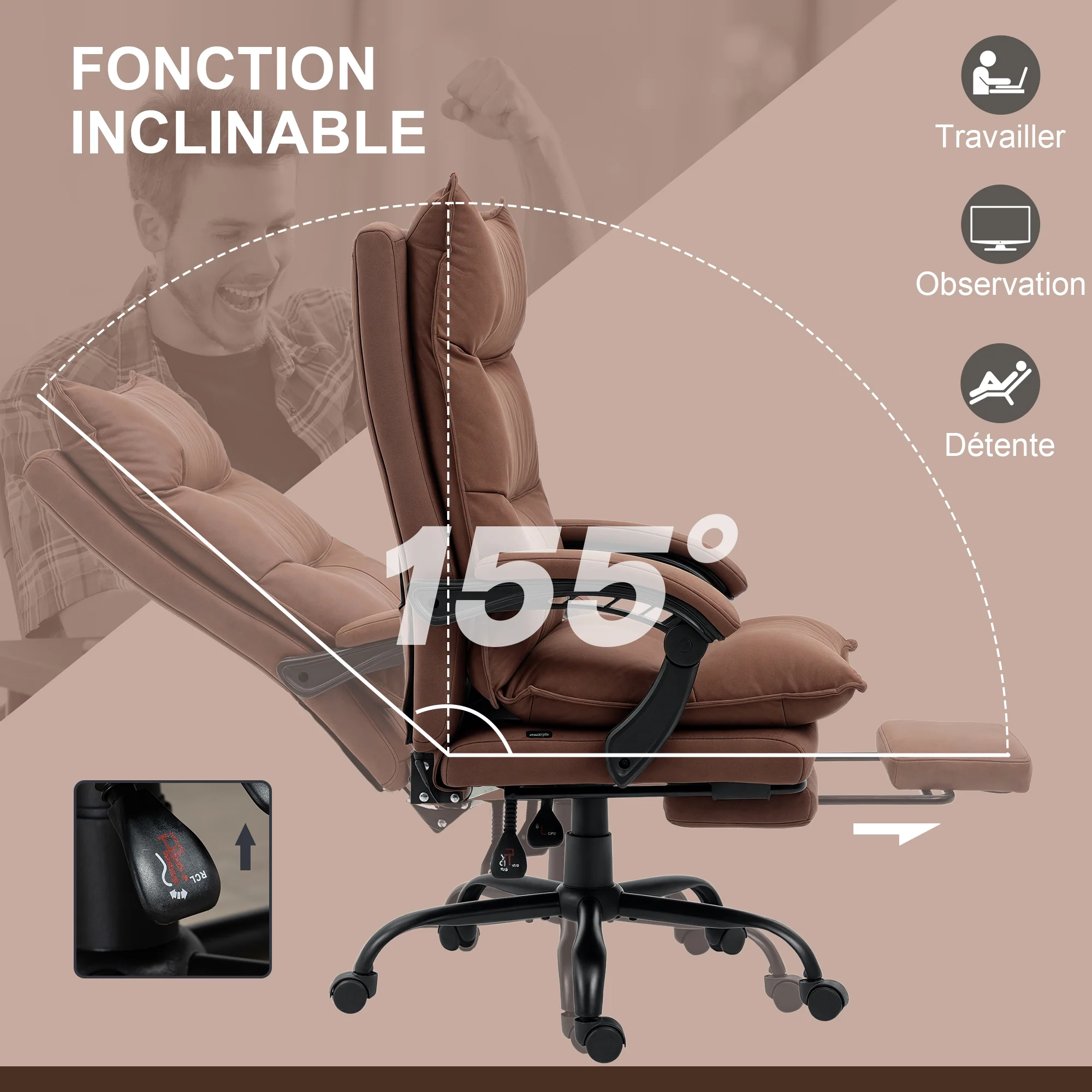 Fauteuil de bureau massant et chauffant, chaise de bureau, chaise ergonomique avec hauteur réglable, dossier inclinable et télécommande filaire, pivotant à 360°, tissu en microfibre, marron - Image 8