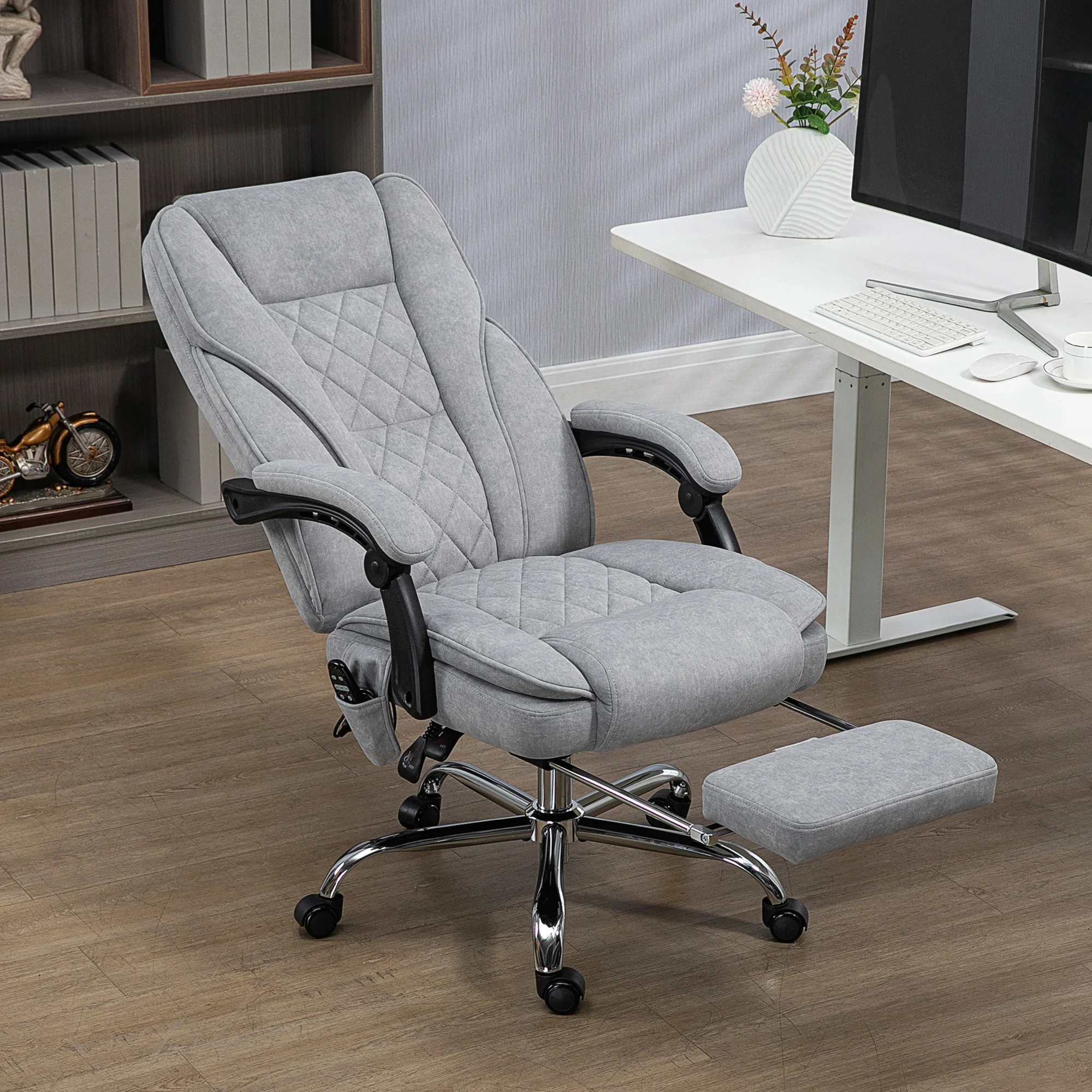 Fauteuil de bureau massant et chauffant chaise de bureau chaise ergonomique avec hauteur réglable dossier inclinable télécommande filaire repose-pieds rétractable et pivotant 360° gris - Image 10