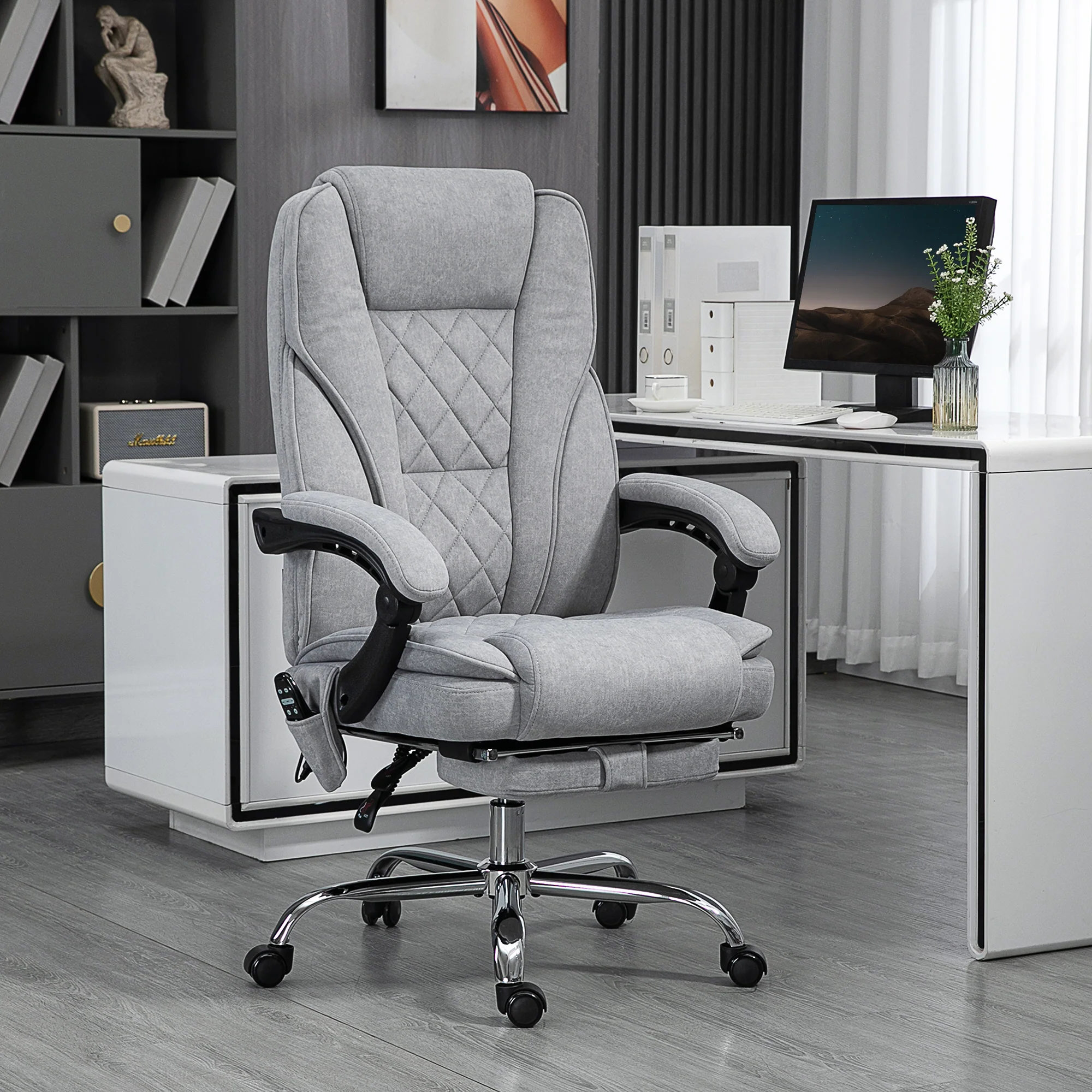 Fauteuil de bureau massant et chauffant chaise de bureau chaise ergonomique avec hauteur réglable dossier inclinable télécommande filaire repose-pieds rétractable et pivotant 360° gris - Image 3