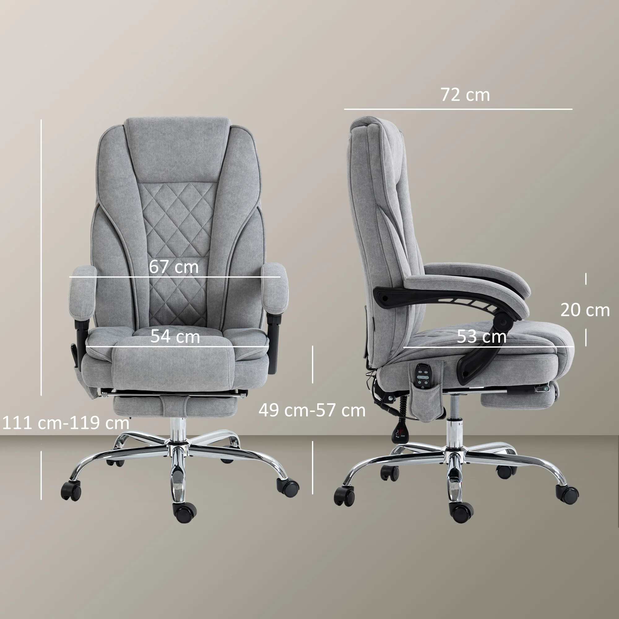 Fauteuil de bureau massant et chauffant chaise de bureau chaise ergonomique avec hauteur réglable dossier inclinable télécommande filaire repose-pieds rétractable et pivotant 360° gris - Image 4