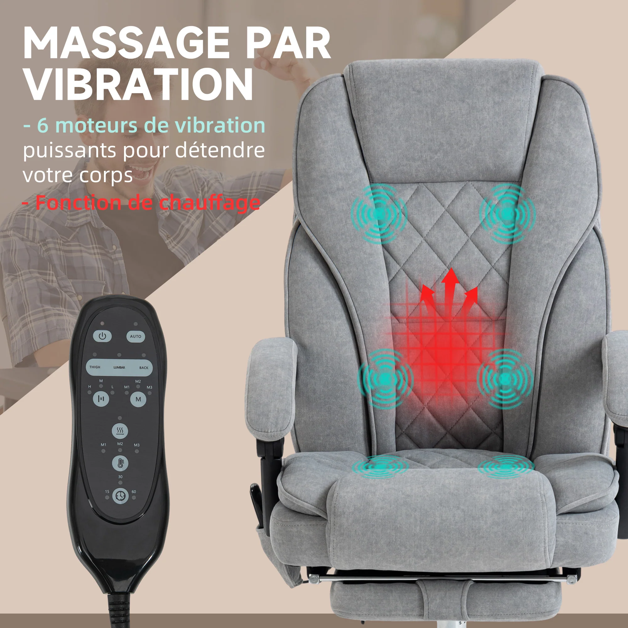 Fauteuil de bureau massant et chauffant chaise de bureau chaise ergonomique avec hauteur réglable dossier inclinable télécommande filaire repose-pieds rétractable et pivotant 360° gris - Image 5