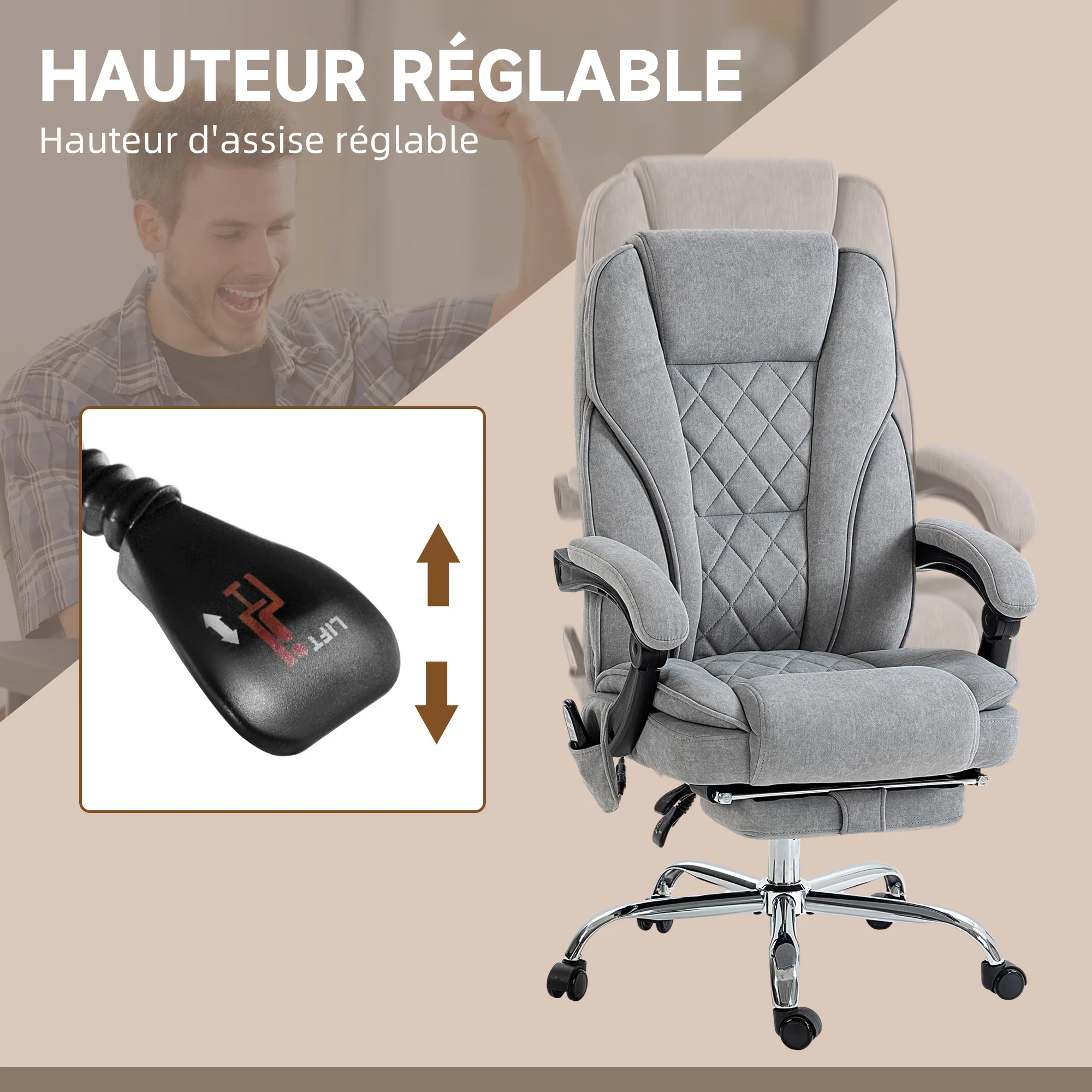 Fauteuil de bureau massant et chauffant chaise de bureau chaise ergonomique avec hauteur réglable dossier inclinable télécommande filaire repose-pieds rétractable et pivotant 360° gris - Image 6