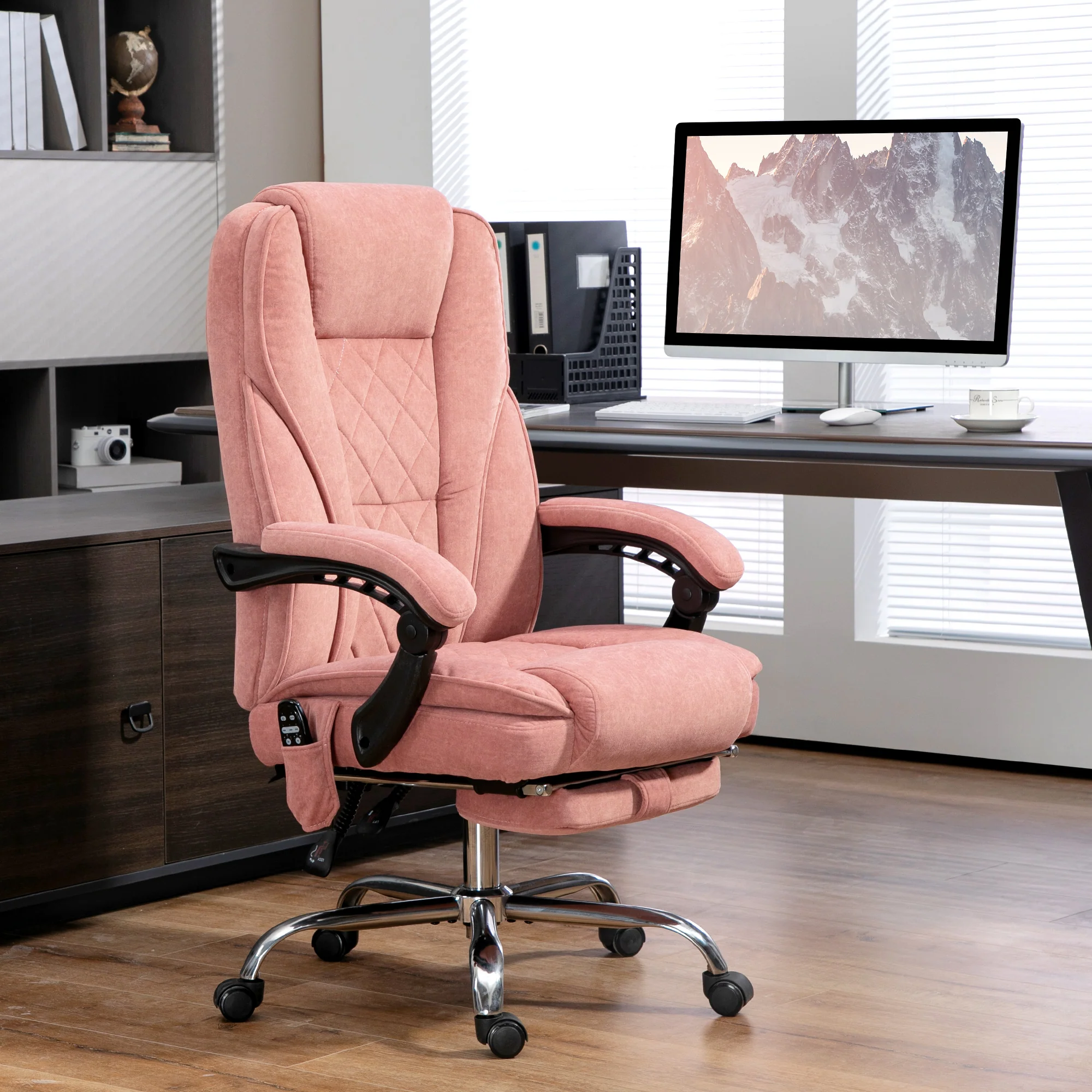 Fauteuil de bureau massant et chauffant chaise de bureau chaise ergonomique avec hauteur réglable dossier inclinable télécommande filaire repose-pieds rétractable et pivotant 360° rose - Image 3