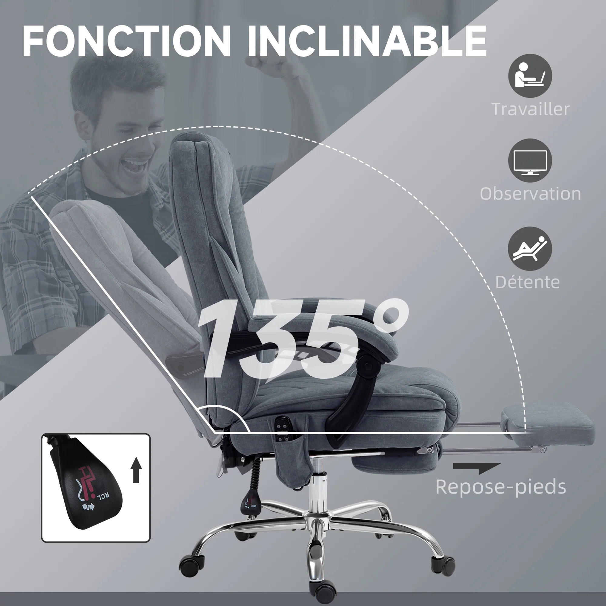 Fauteuil de bureau massant et chauffant chaise de bureau chaise ergonomique avec hauteur réglable dossier inclinable télécommande filaire repose-pieds rétractable et pivotant 360° gris - Image 7