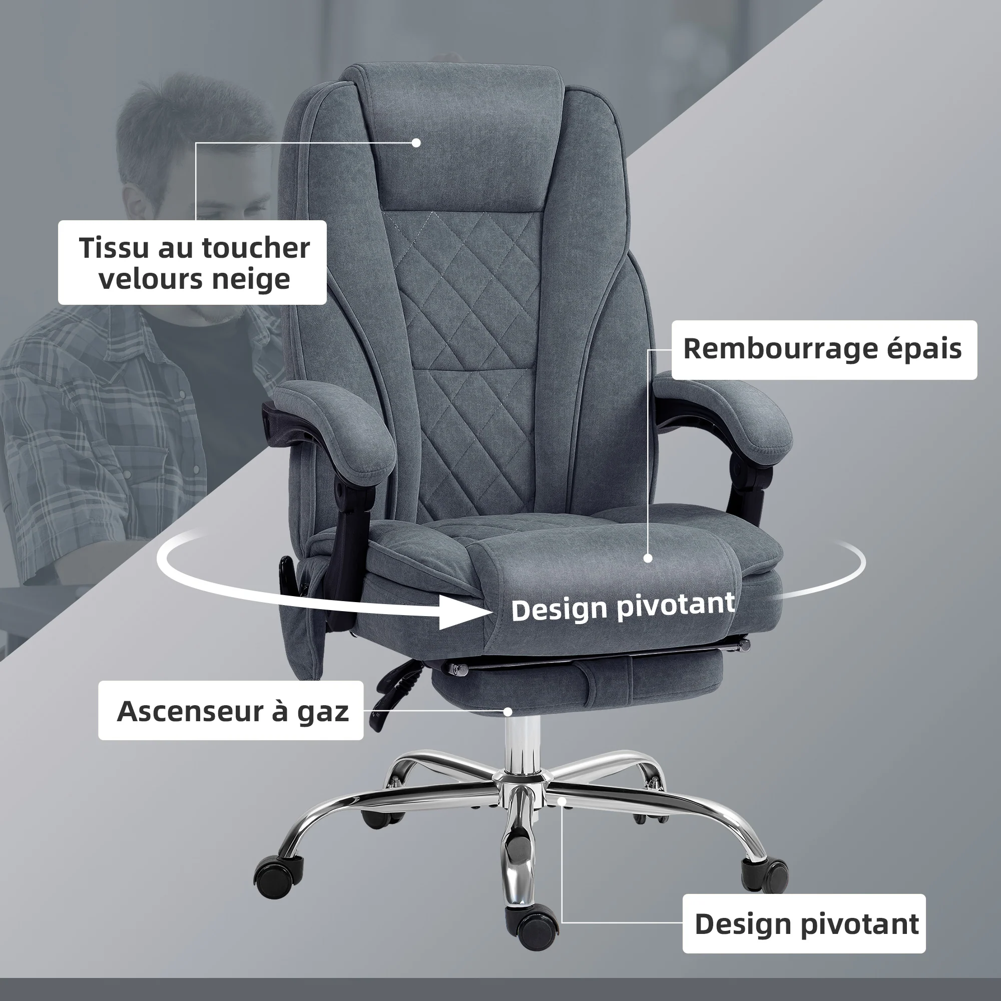 Fauteuil de bureau massant et chauffant chaise de bureau chaise ergonomique avec hauteur réglable dossier inclinable télécommande filaire repose-pieds rétractable et pivotant 360° gris - Image 8