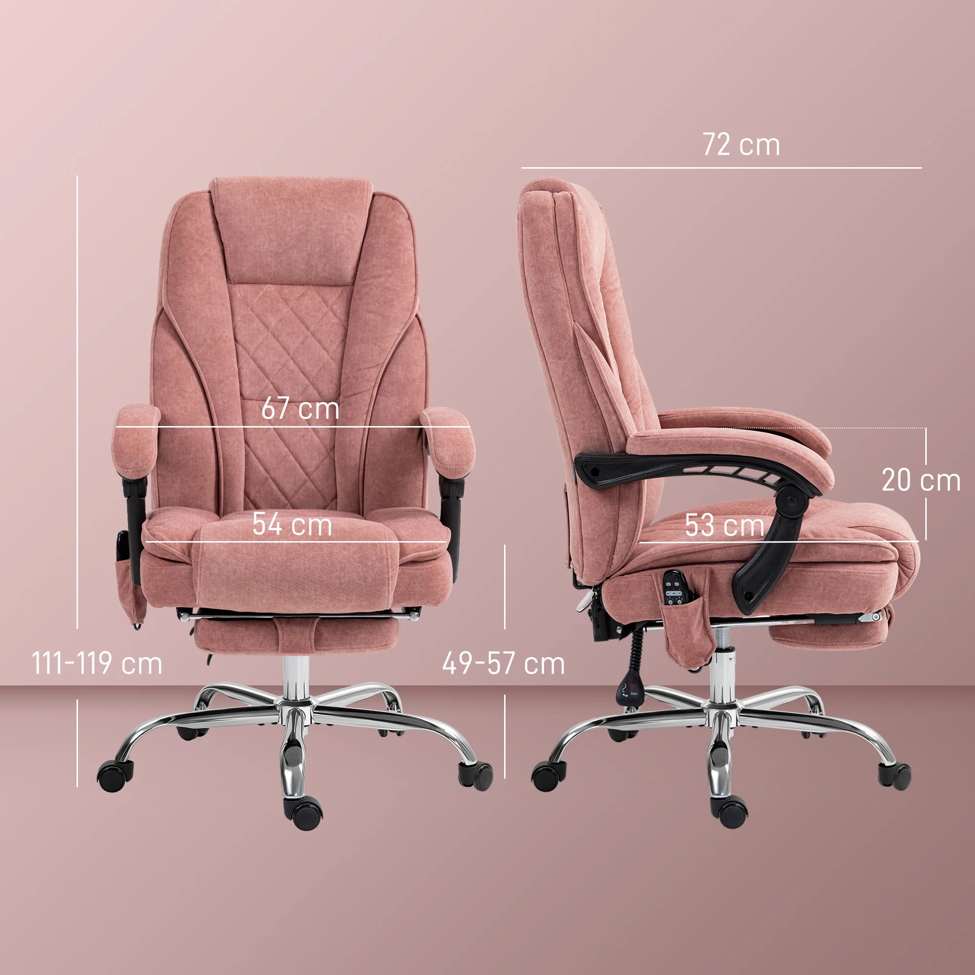 Fauteuil de bureau massant et chauffant chaise de bureau chaise ergonomique avec hauteur réglable dossier inclinable télécommande filaire repose-pieds rétractable et pivotant 360° rose - Image 4
