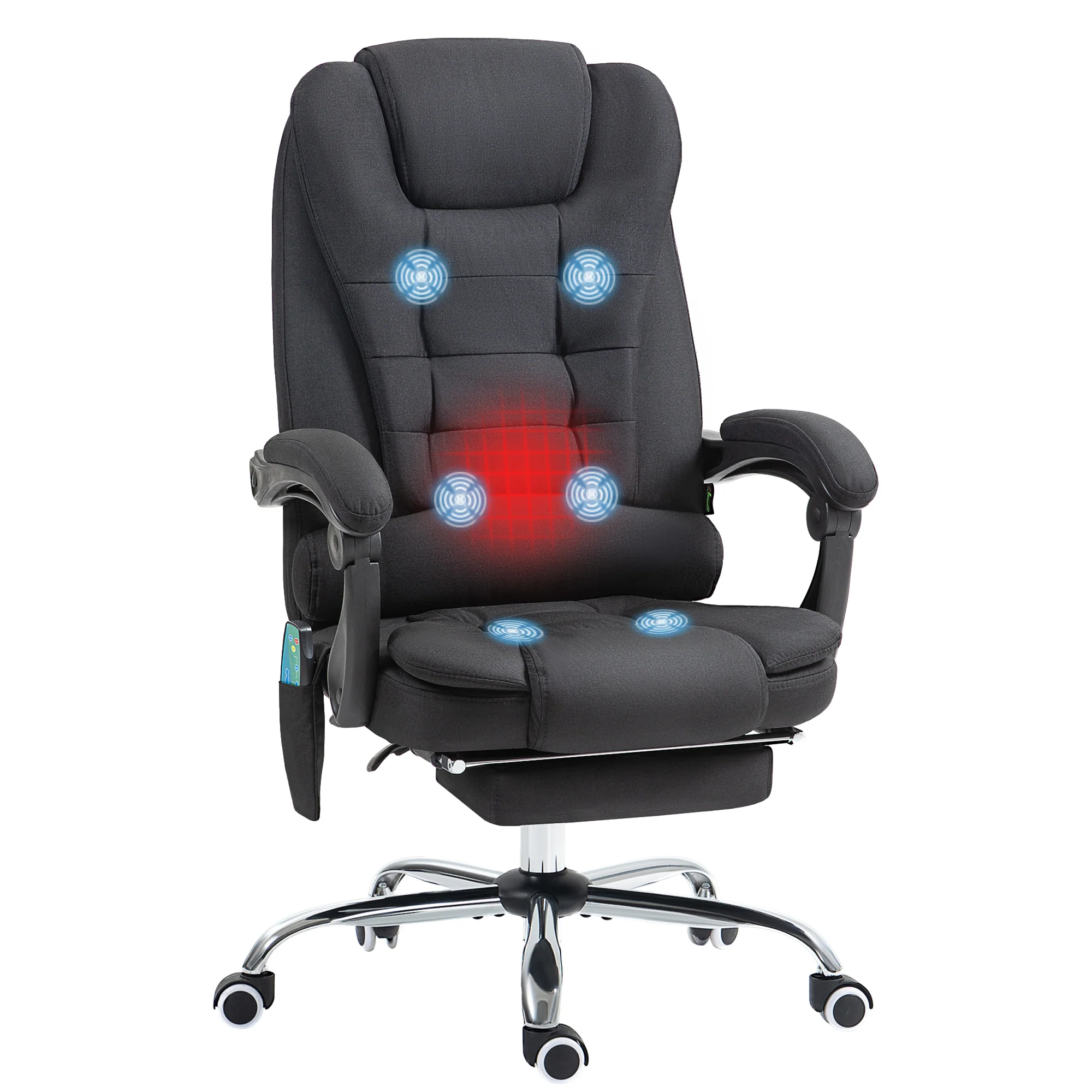 Fauteuil de bureau massant et chauffant, chaise de bureau, chaise ergonomique avec hauteur réglable, dossier inclinable et télécommande filaire, pivotant à 360°, en toile de lin, noir - Image 11