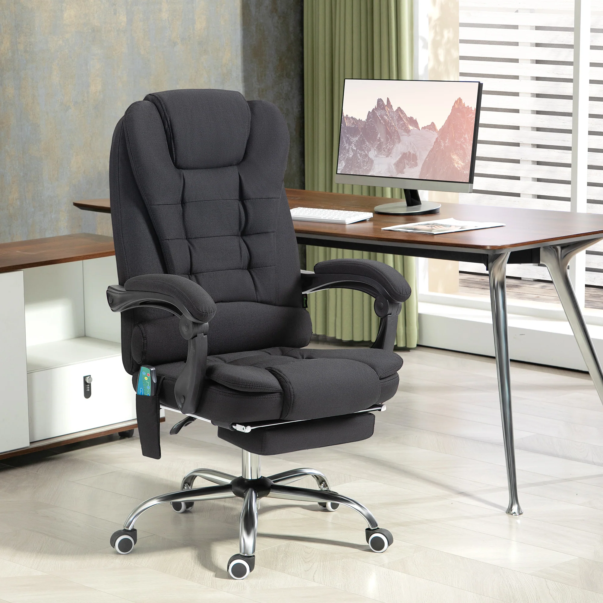 Fauteuil de bureau massant et chauffant, chaise de bureau, chaise ergonomique avec hauteur réglable, dossier inclinable et télécommande filaire, pivotant à 360°, en toile de lin, noir - Image 3