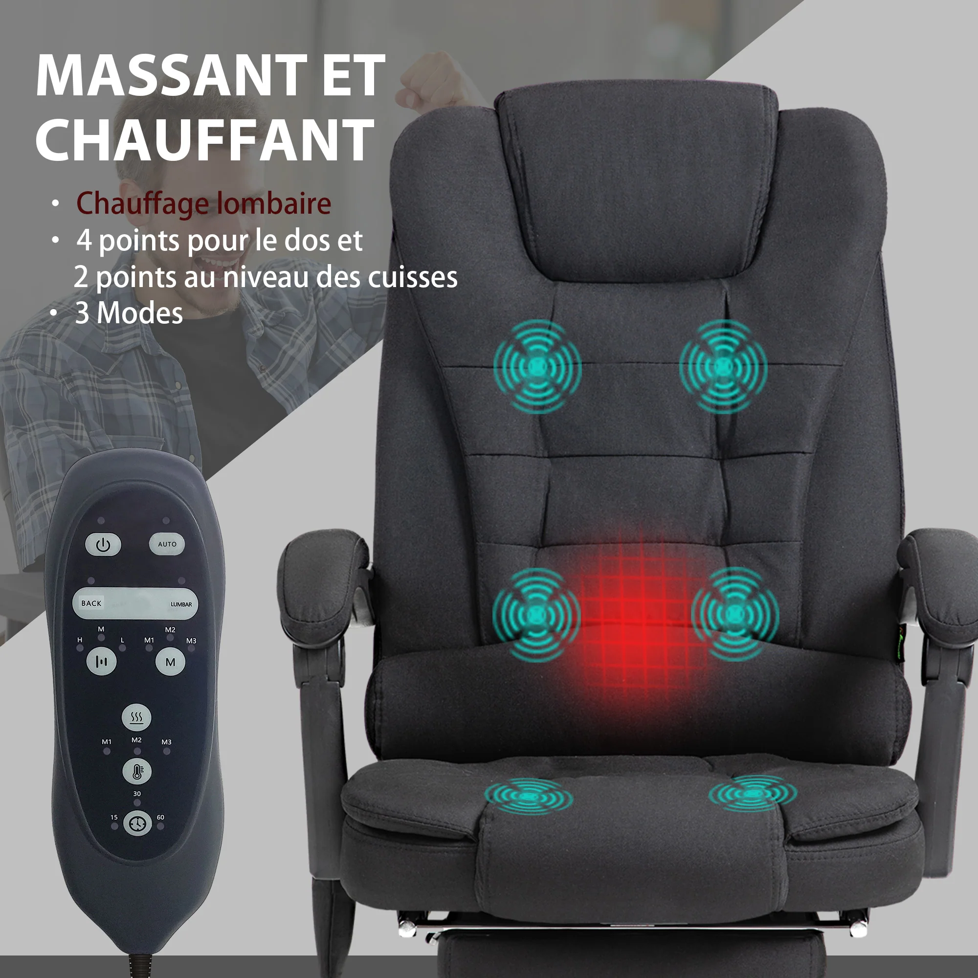 Fauteuil de bureau massant et chauffant, chaise de bureau, chaise ergonomique avec hauteur réglable, dossier inclinable et télécommande filaire, pivotant à 360°, en toile de lin, noir - Image 5