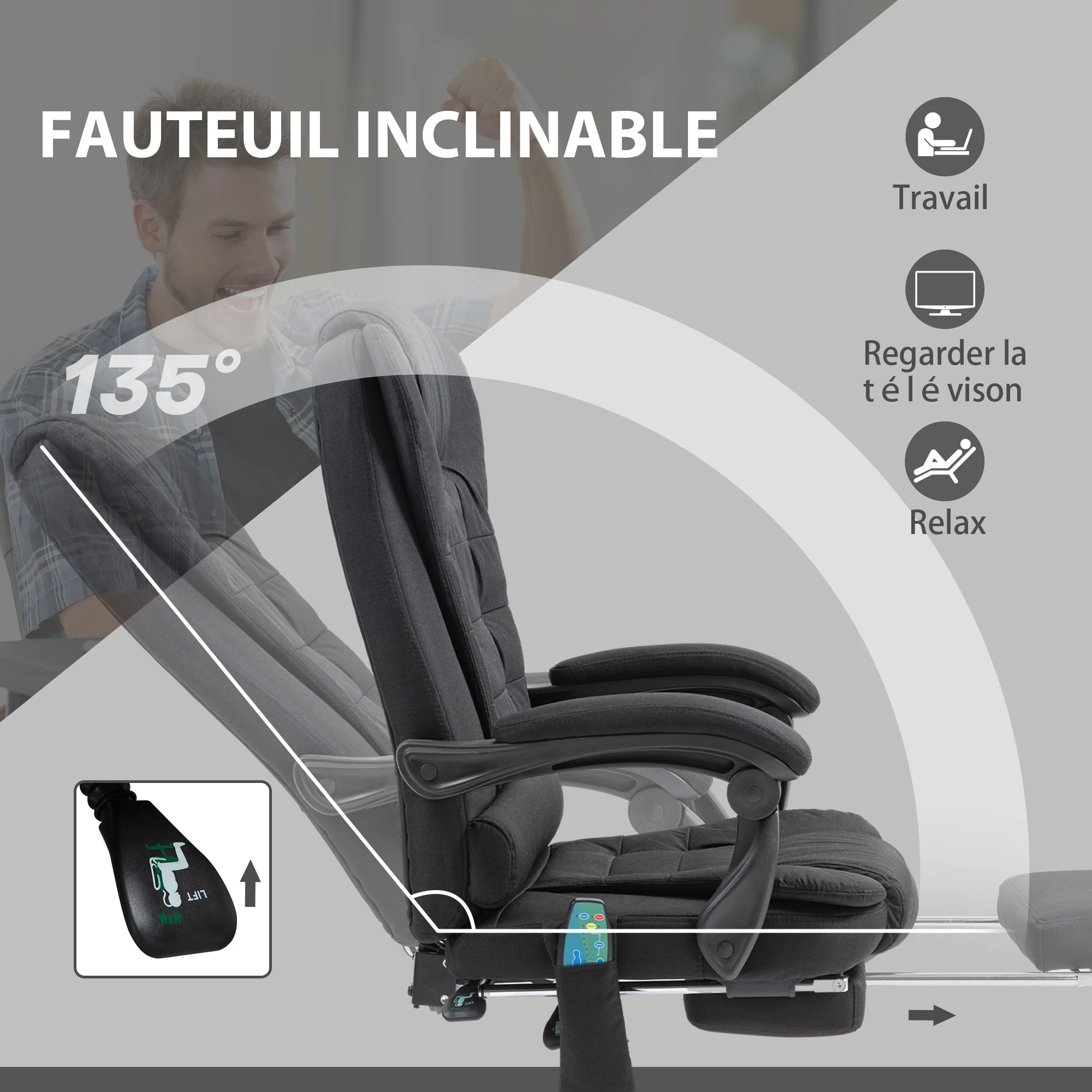 Fauteuil de bureau massant et chauffant, chaise de bureau, chaise ergonomique avec hauteur réglable, dossier inclinable et télécommande filaire, pivotant à 360°, en toile de lin, noir - Image 6
