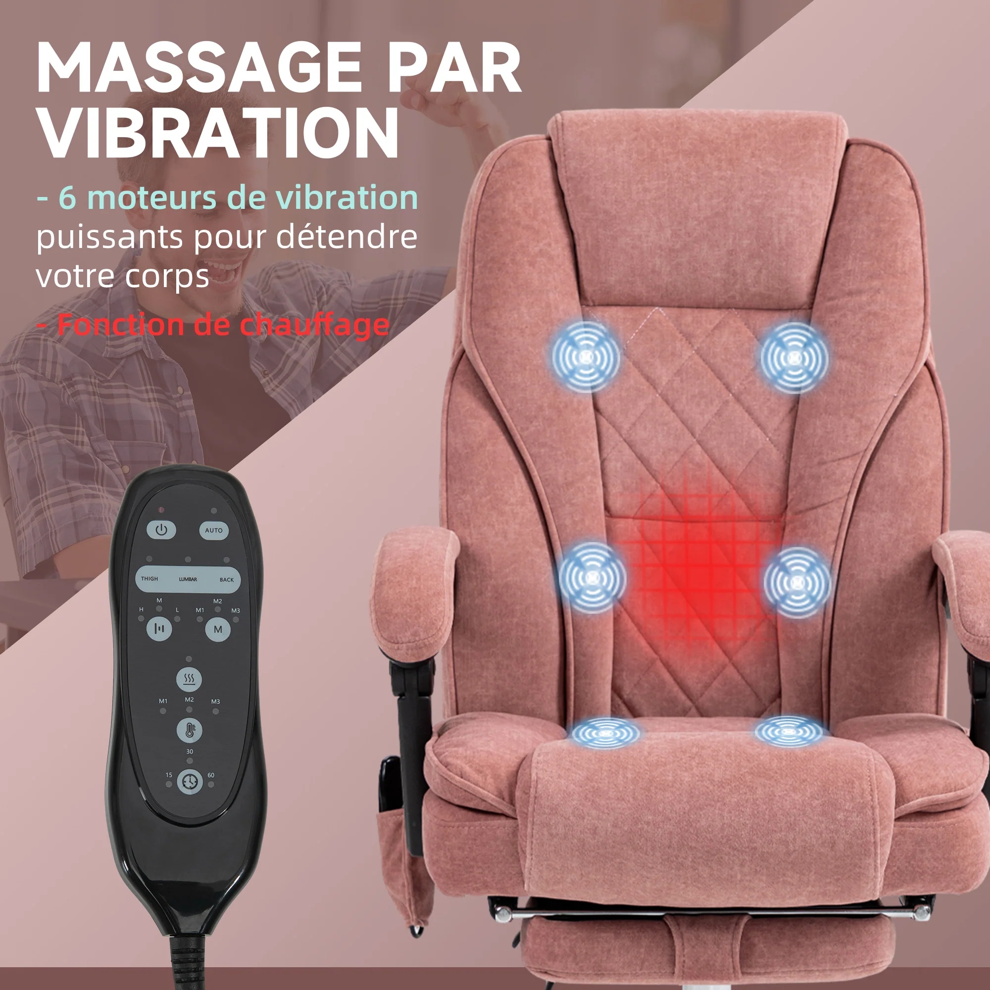 Fauteuil de bureau massant et chauffant chaise de bureau chaise ergonomique avec hauteur réglable dossier inclinable télécommande filaire repose-pieds rétractable et pivotant 360° rose - Image 5
