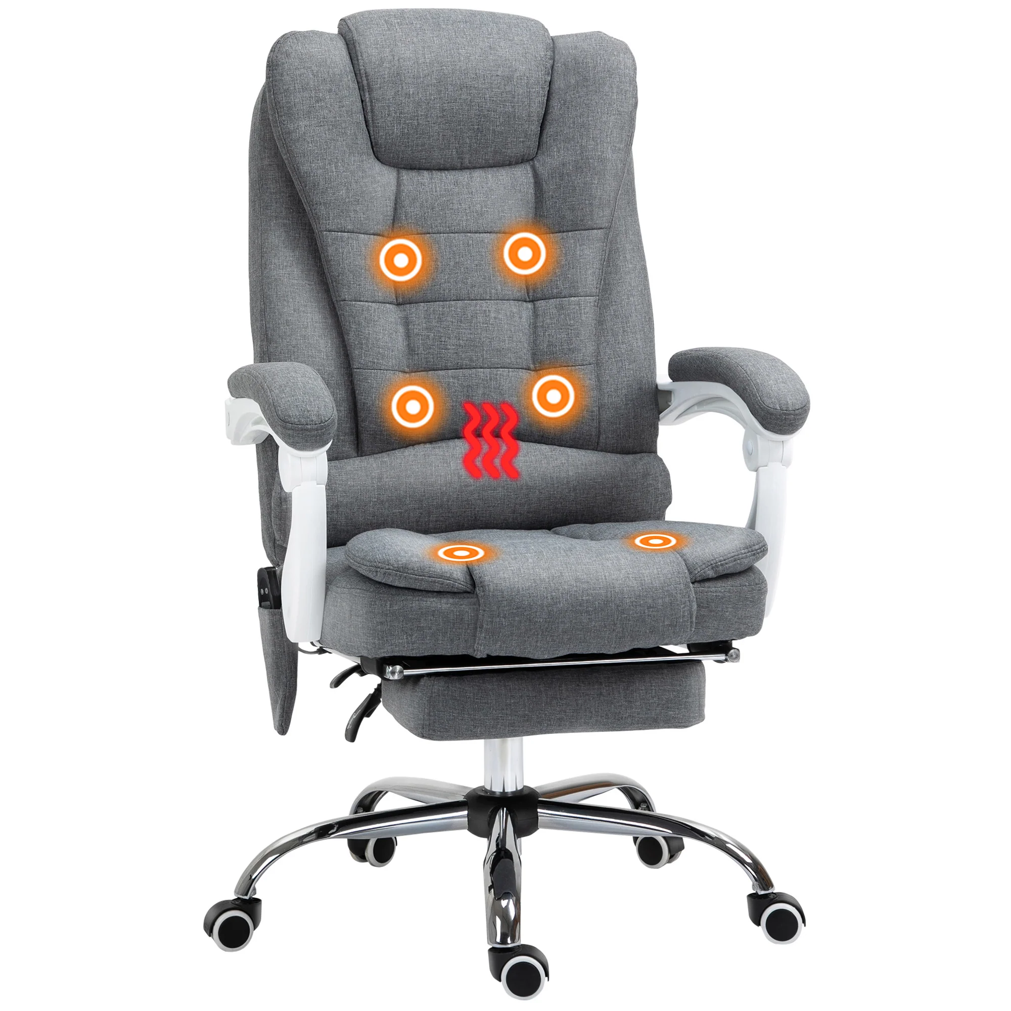 Fauteuil de bureau massant et chauffant, chaise de bureau, chaise ergonomique avec hauteur réglable, dossier inclinable et télécommande filaire, pivotant à 360°, en toile de lin, gris