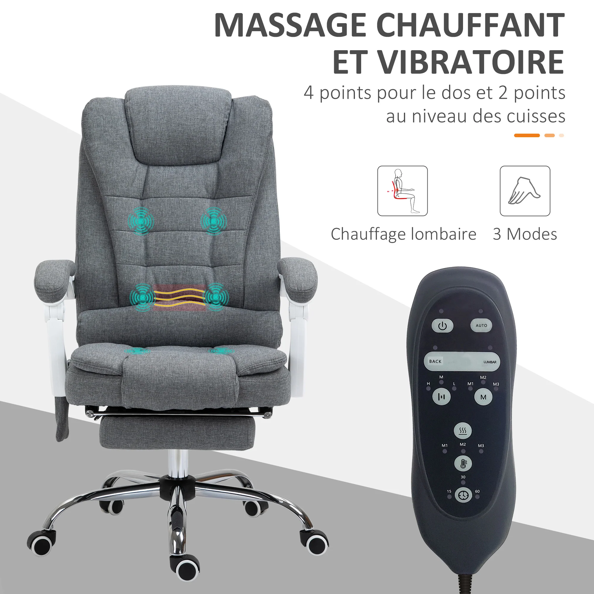 Fauteuil de bureau massant et chauffant, chaise de bureau, chaise ergonomique avec hauteur réglable, dossier inclinable et télécommande filaire, pivotant à 360°, en toile de lin, gris - Image 5