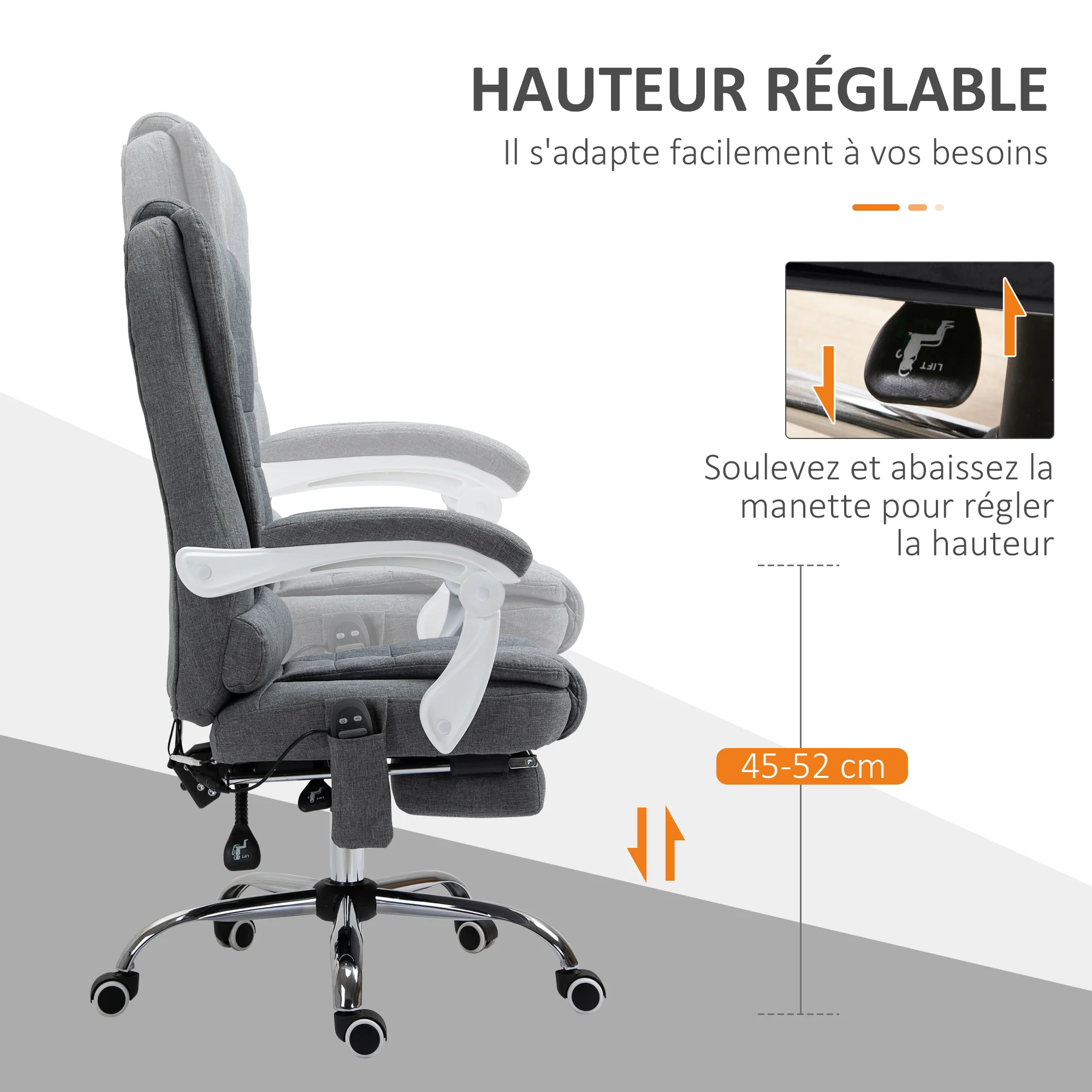 Fauteuil de bureau massant et chauffant, chaise de bureau, chaise ergonomique avec hauteur réglable, dossier inclinable et télécommande filaire, pivotant à 360°, en toile de lin, gris - Image 8
