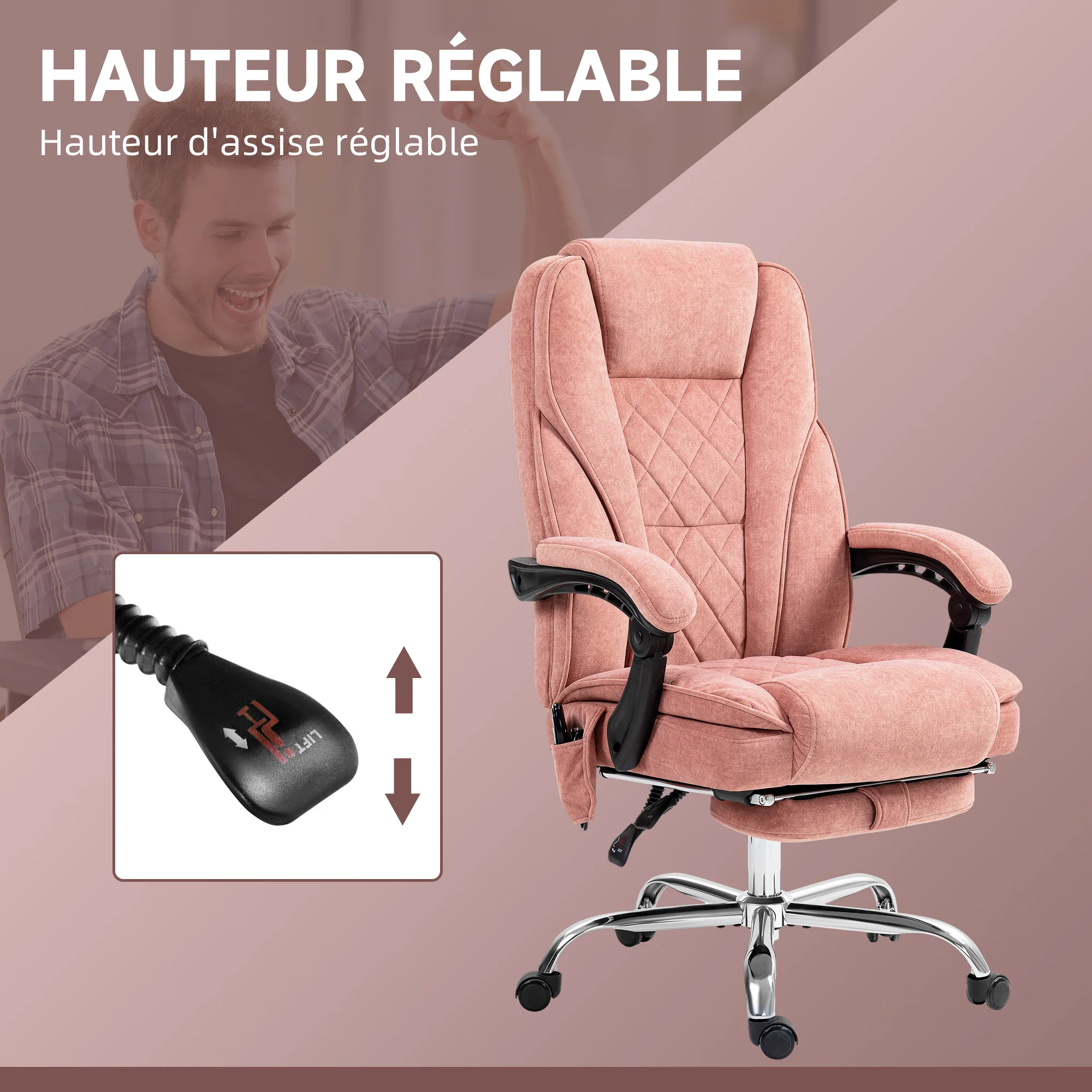 Fauteuil de bureau massant et chauffant chaise de bureau chaise ergonomique avec hauteur réglable dossier inclinable télécommande filaire repose-pieds rétractable et pivotant 360° rose - Image 6
