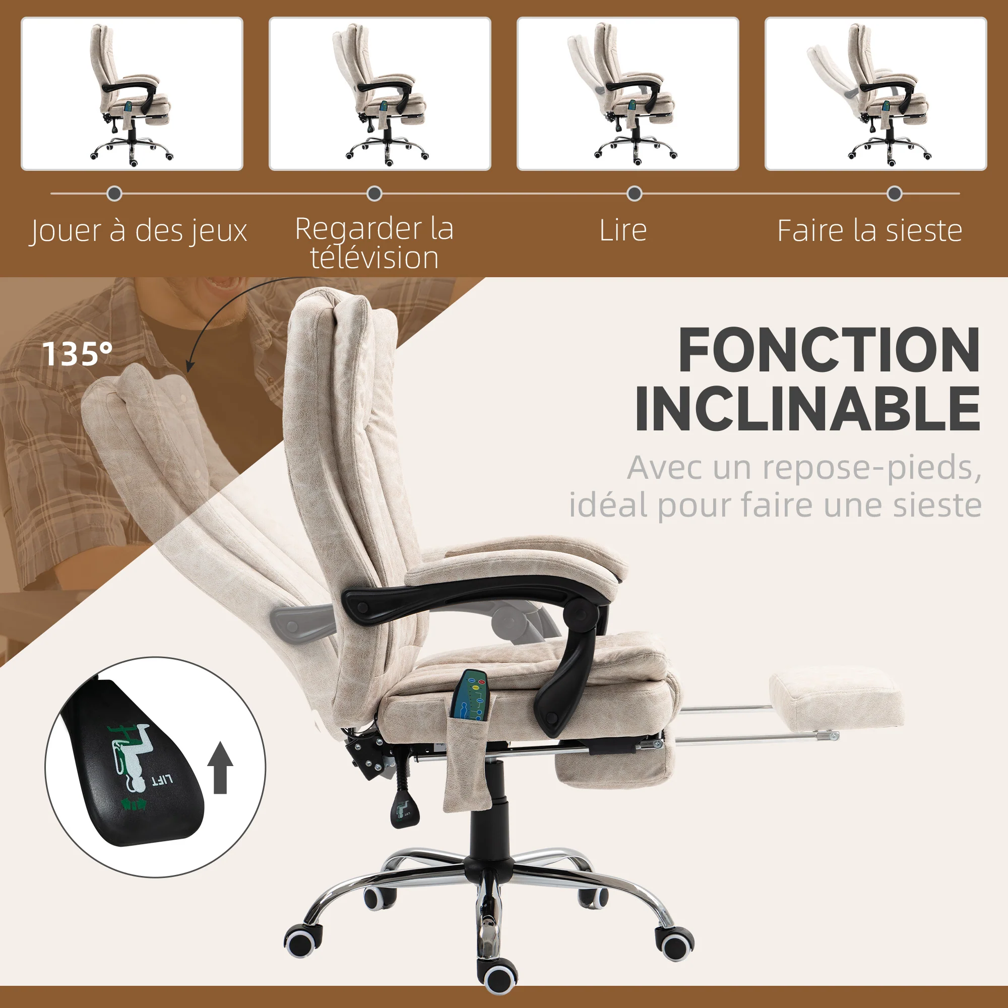 Fauteuil de bureau massant et chauffant, chaise de bureau, chaise ergonomique avec hauteur réglable, dossier inclinable, repose-pied et télécommande filaire, pivotant à 360°, crème - Image 10