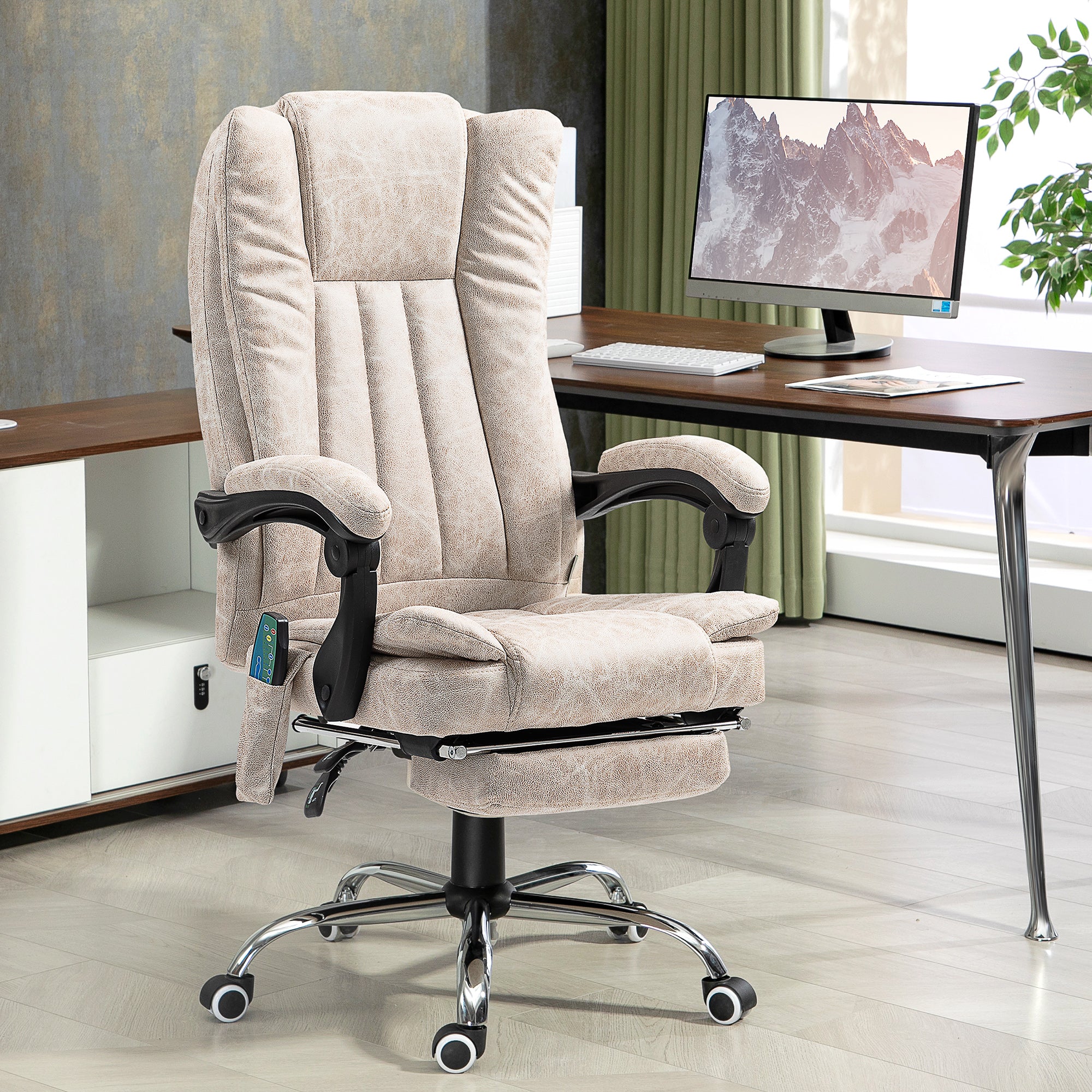 Fauteuil de bureau massant et chauffant, chaise de bureau, chaise ergonomique avec hauteur réglable, dossier inclinable, repose-pied et télécommande filaire, pivotant à 360°, crème - Image 3