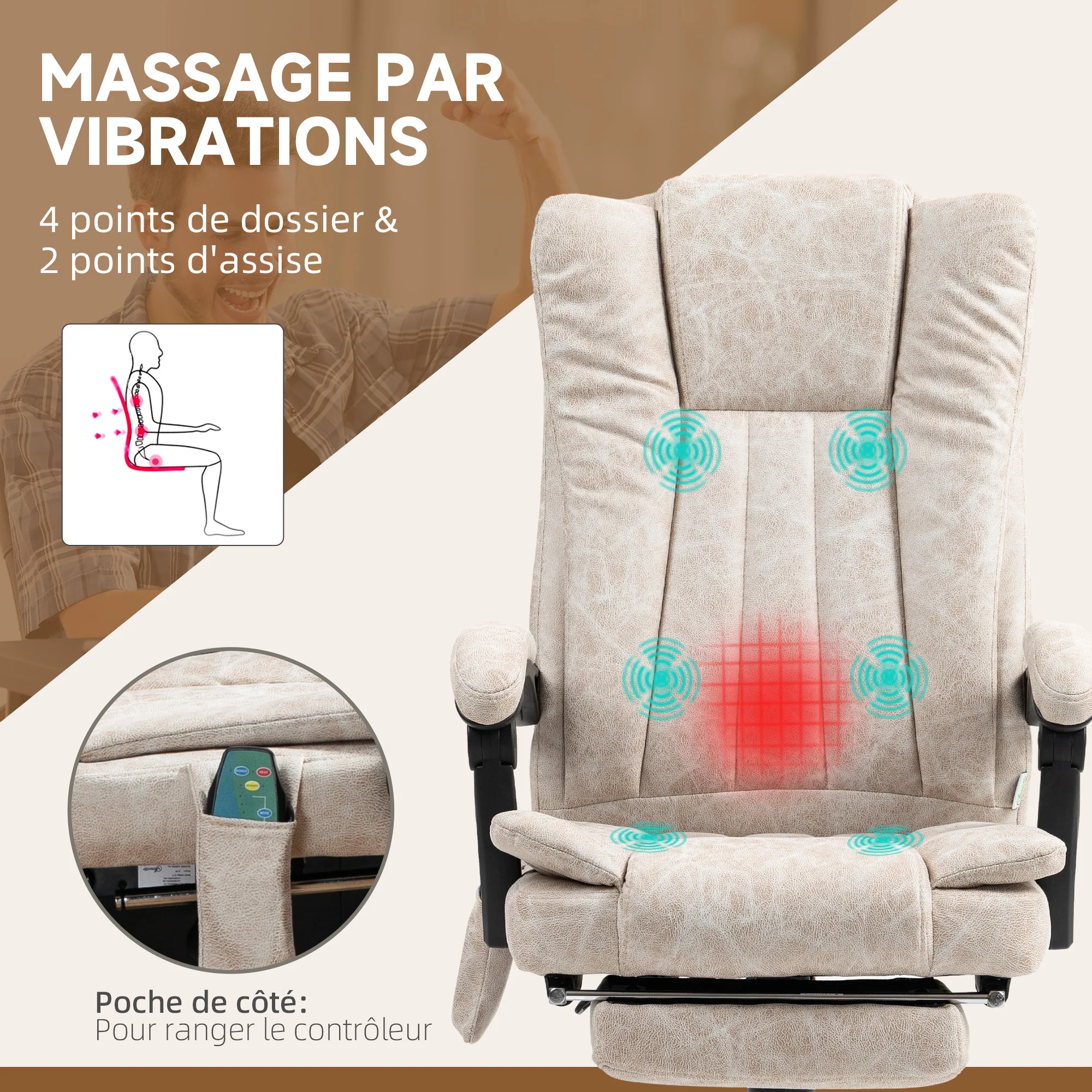 Fauteuil de bureau massant et chauffant, chaise de bureau, chaise ergonomique avec hauteur réglable, dossier inclinable, repose-pied et télécommande filaire, pivotant à 360°, crème - Image 5