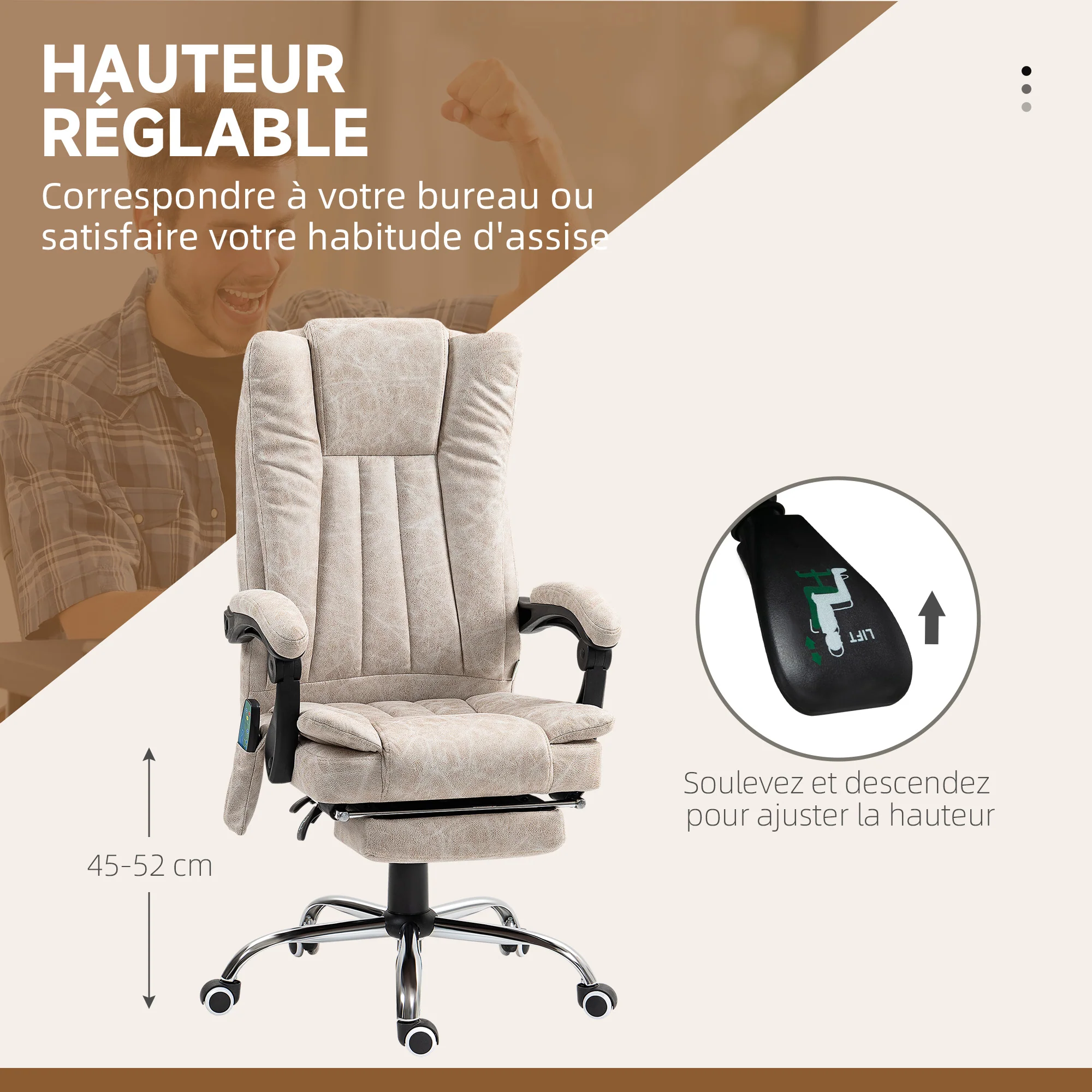 Fauteuil de bureau massant et chauffant, chaise de bureau, chaise ergonomique avec hauteur réglable, dossier inclinable, repose-pied et télécommande filaire, pivotant à 360°, crème - Image 6
