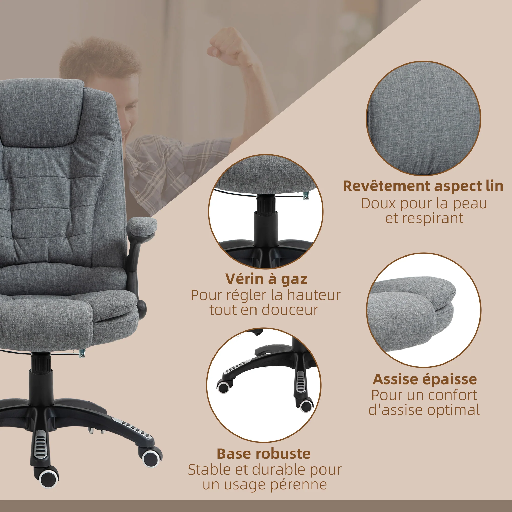 Fauteuil de bureau massant et chauffant, chaise de bureau, chaise ergonomique avec hauteur réglable, dossier inclinable et télécommande filaire, pivotant à 360° tissu en polyester gris chiné - Image 10