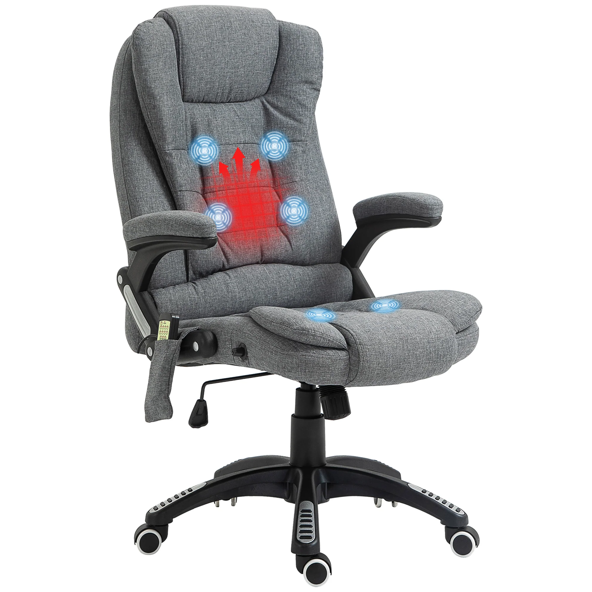 Fauteuil de bureau massant et chauffant, chaise de bureau, chaise ergonomique avec hauteur réglable, dossier inclinable et télécommande filaire, pivotant à 360° tissu en polyester gris chiné - Image 11