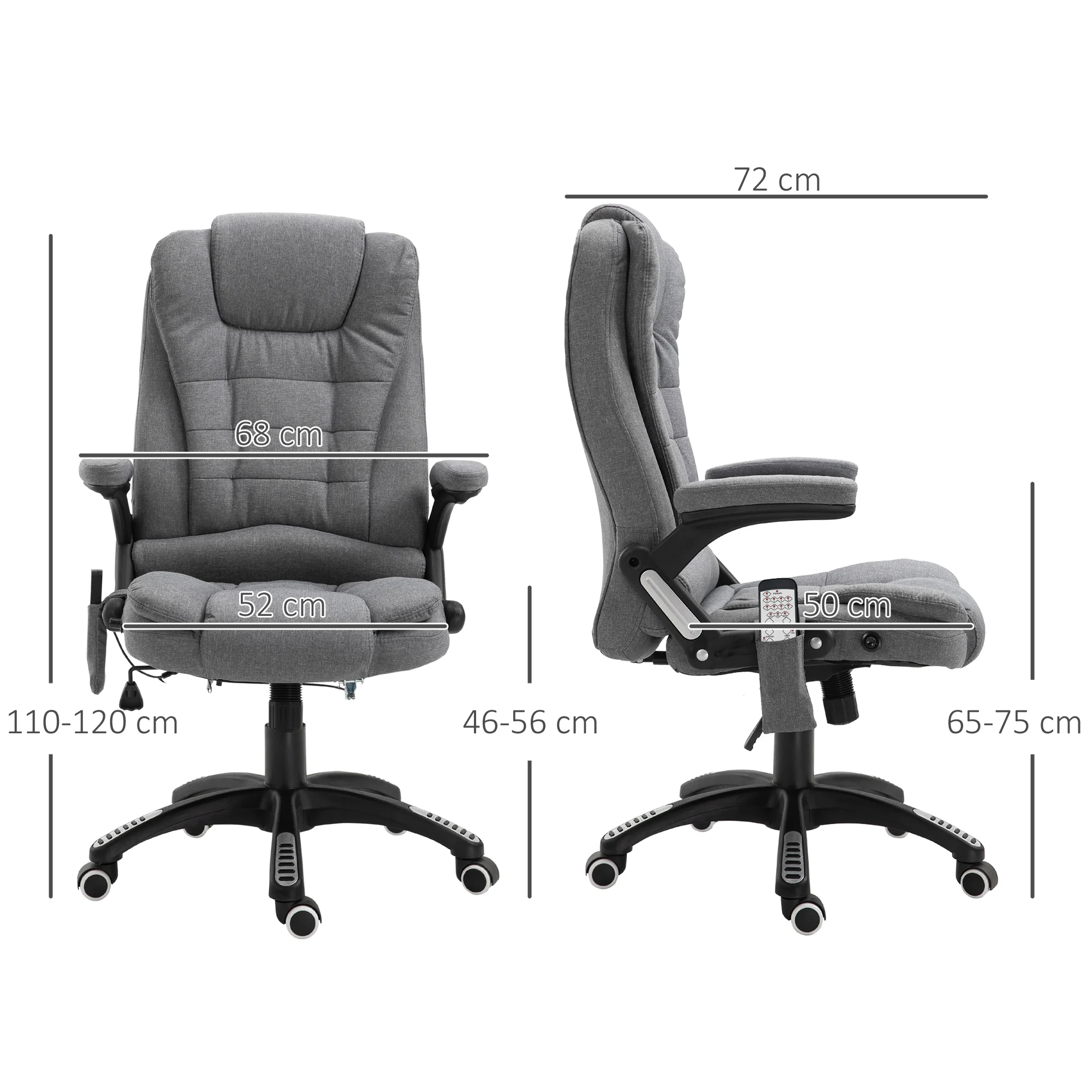 Fauteuil de bureau massant et chauffant, chaise de bureau, chaise ergonomique avec hauteur réglable, dossier inclinable et télécommande filaire, pivotant à 360° tissu en polyester gris chiné - Image 4
