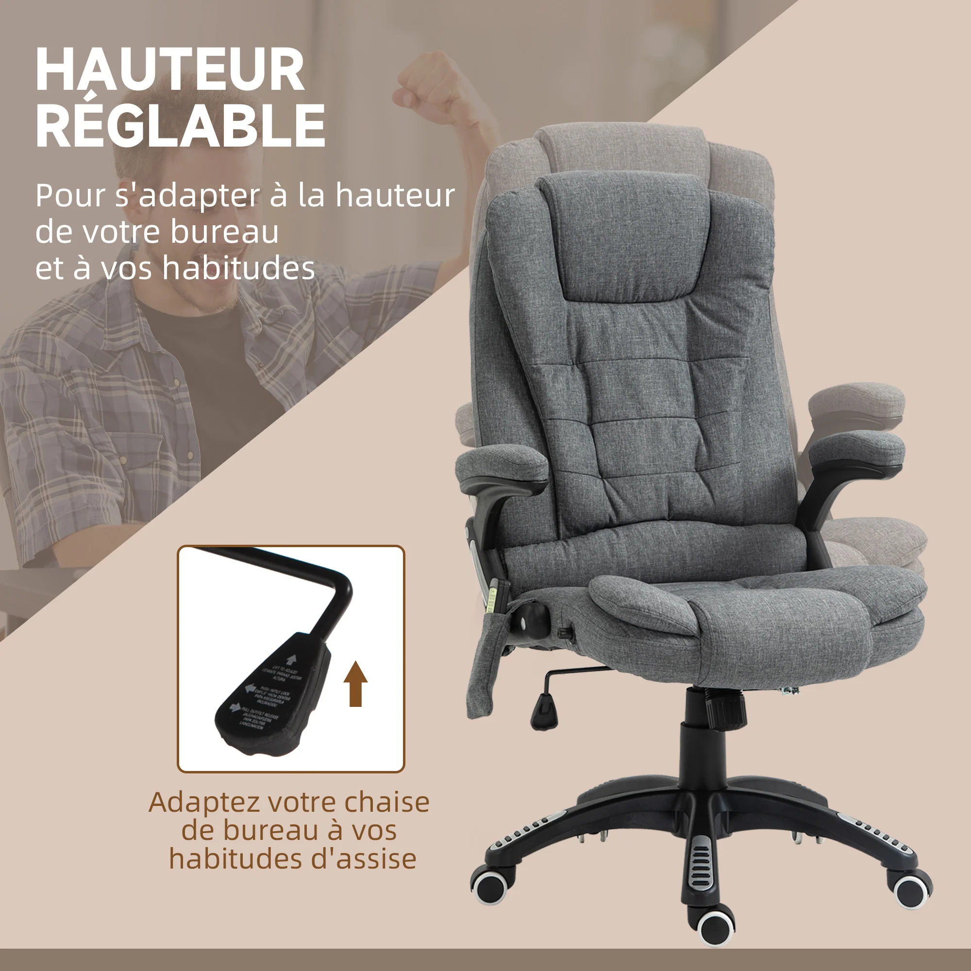 Fauteuil de bureau massant et chauffant, chaise de bureau, chaise ergonomique avec hauteur réglable, dossier inclinable et télécommande filaire, pivotant à 360° tissu en polyester gris chiné - Image 6
