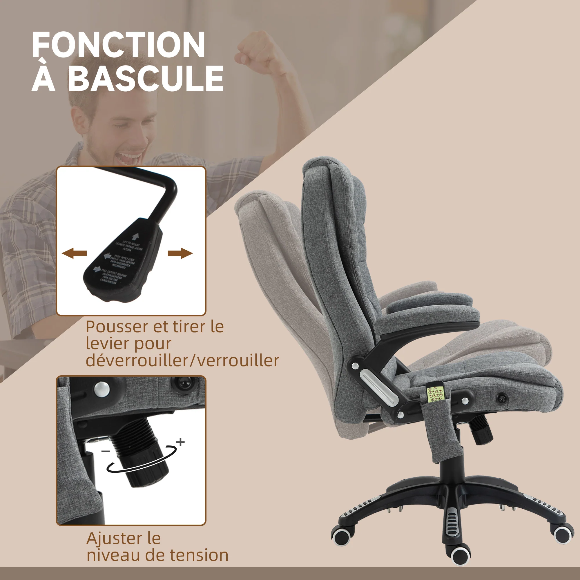 Fauteuil de bureau massant et chauffant, chaise de bureau, chaise ergonomique avec hauteur réglable, dossier inclinable et télécommande filaire, pivotant à 360° tissu en polyester gris chiné - Image 7