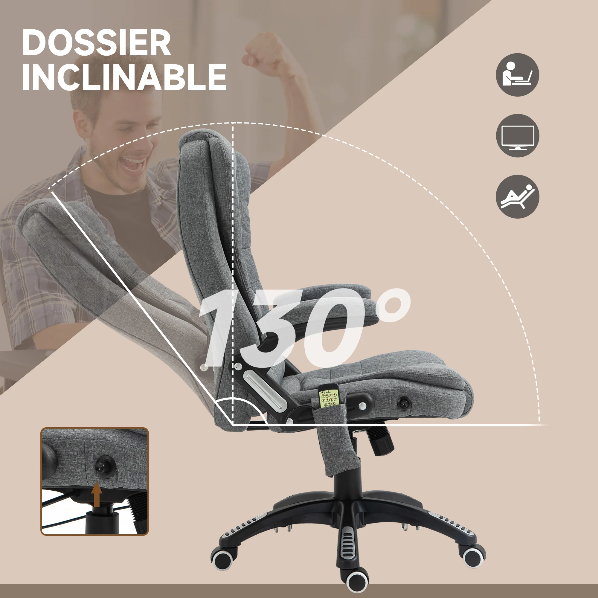 Fauteuil de bureau massant et chauffant, chaise de bureau, chaise ergonomique avec hauteur réglable, dossier inclinable et télécommande filaire, pivotant à 360° tissu en polyester gris chiné - Image 8