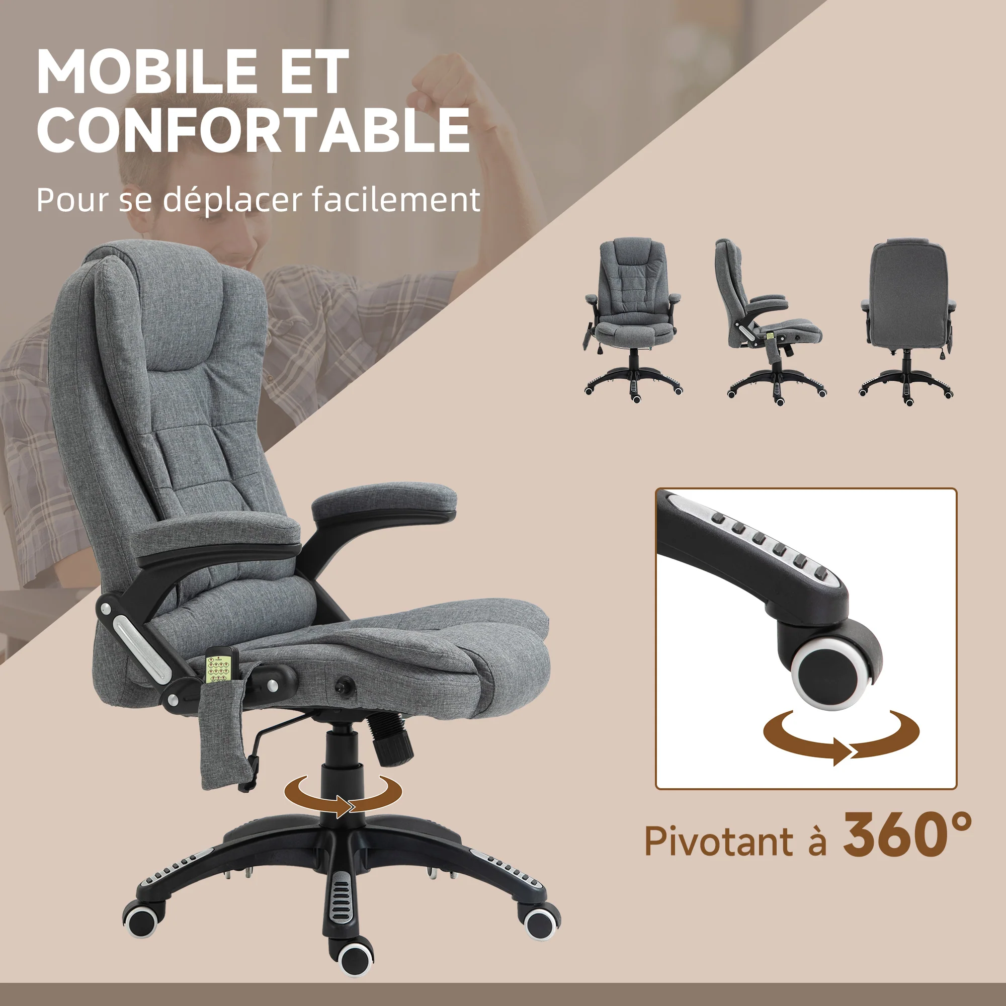 Fauteuil de bureau massant et chauffant, chaise de bureau, chaise ergonomique avec hauteur réglable, dossier inclinable et télécommande filaire, pivotant à 360° tissu en polyester gris chiné - Image 9