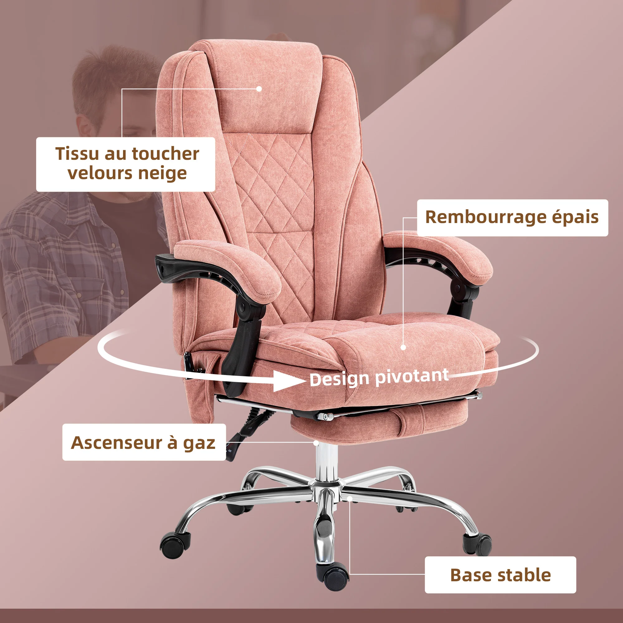 Fauteuil de bureau massant et chauffant chaise de bureau chaise ergonomique avec hauteur réglable dossier inclinable télécommande filaire repose-pieds rétractable et pivotant 360° rose - Image 8