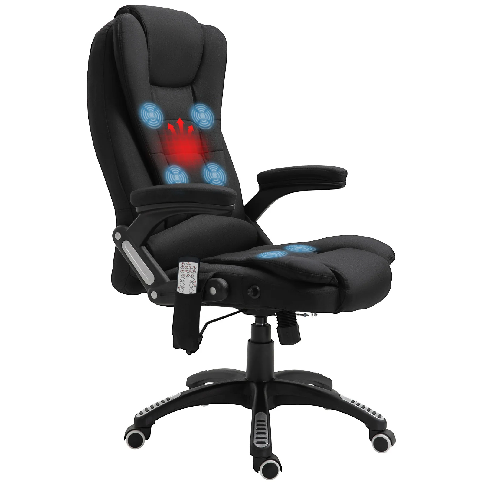 Fauteuil de bureau massant et chauffant, chaise de bureau, chaise ergonomique avec hauteur réglable, dossier inclinable et télécommande filaire, pivotant à 360° tissu en polyester noir