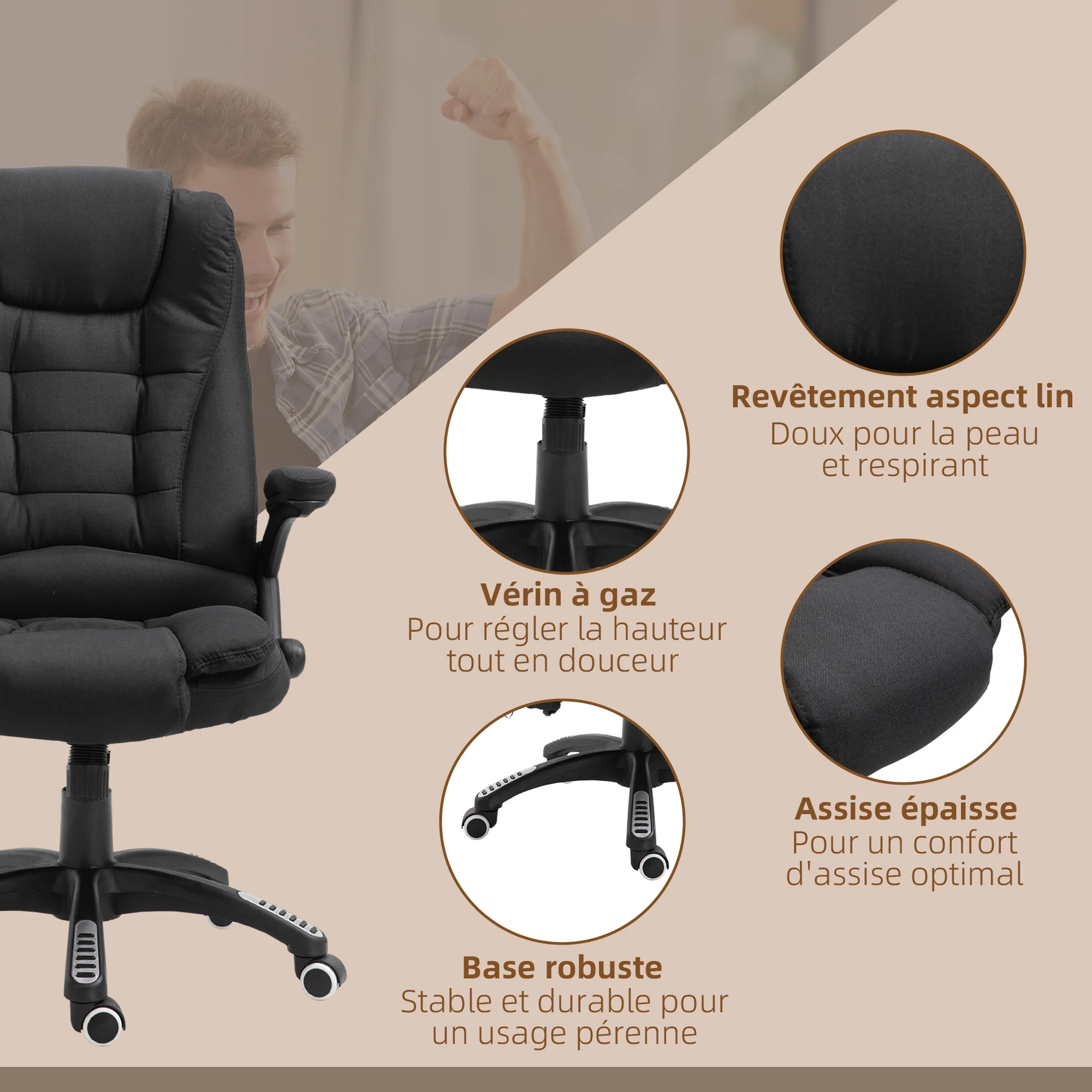 Fauteuil de bureau massant et chauffant, chaise de bureau, chaise ergonomique avec hauteur réglable, dossier inclinable et télécommande filaire, pivotant à 360° tissu en polyester noir - Image 10