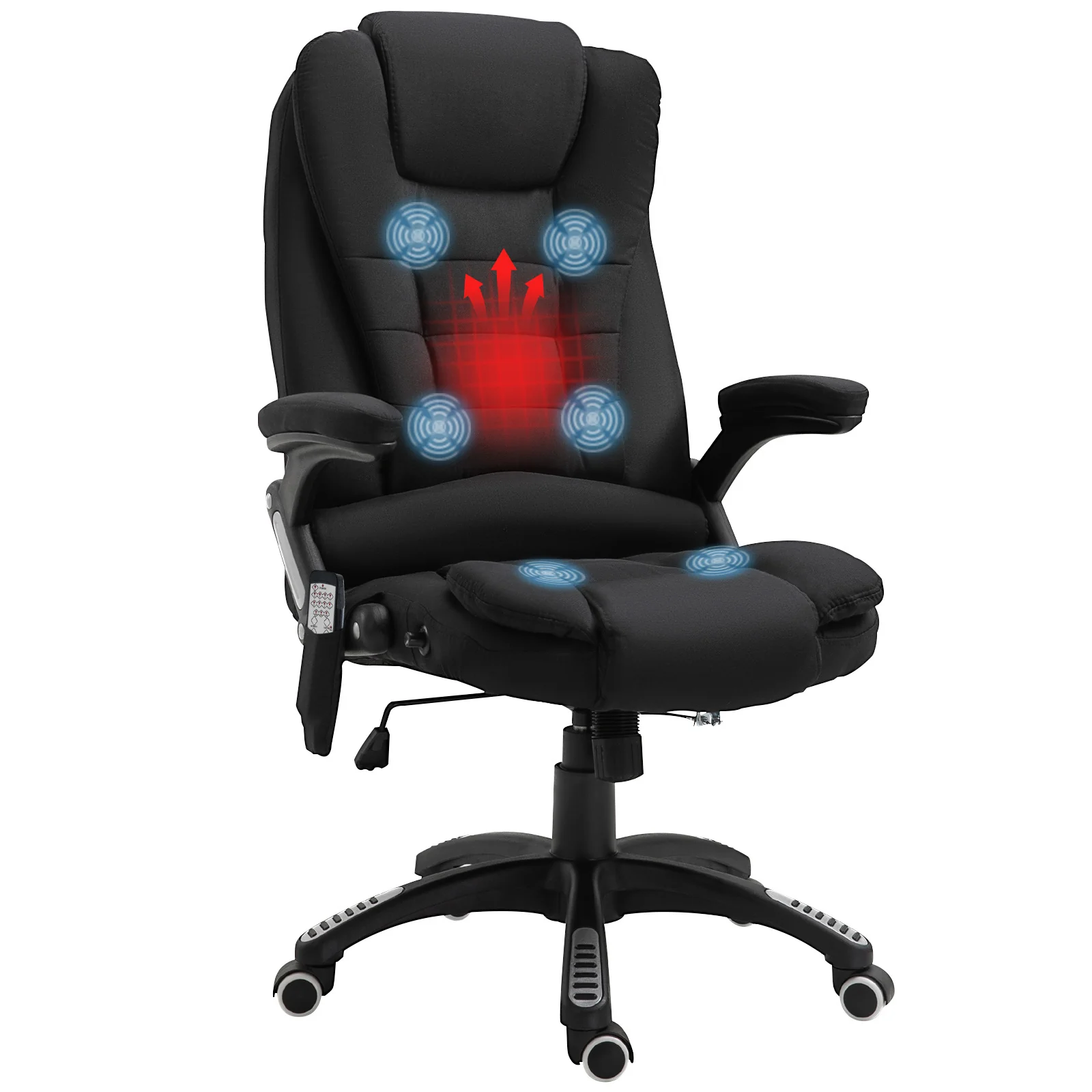 Fauteuil de bureau massant et chauffant, chaise de bureau, chaise ergonomique avec hauteur réglable, dossier inclinable et télécommande filaire, pivotant à 360° tissu en polyester noir - Image 11