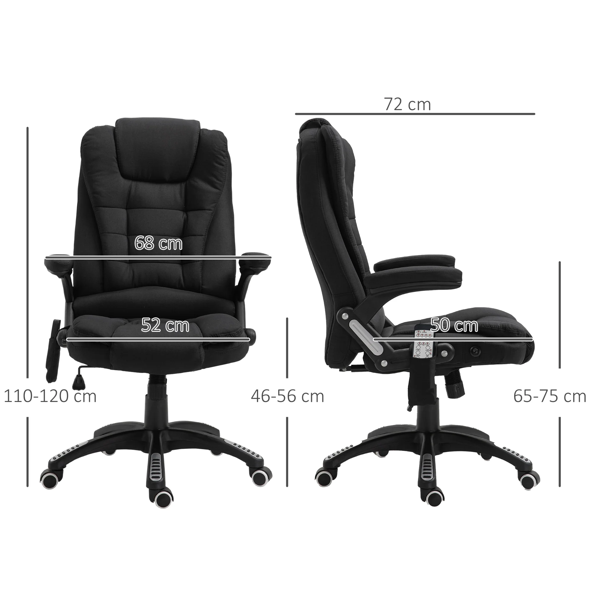 Fauteuil de bureau massant et chauffant, chaise de bureau, chaise ergonomique avec hauteur réglable, dossier inclinable et télécommande filaire, pivotant à 360° tissu en polyester noir - Image 4