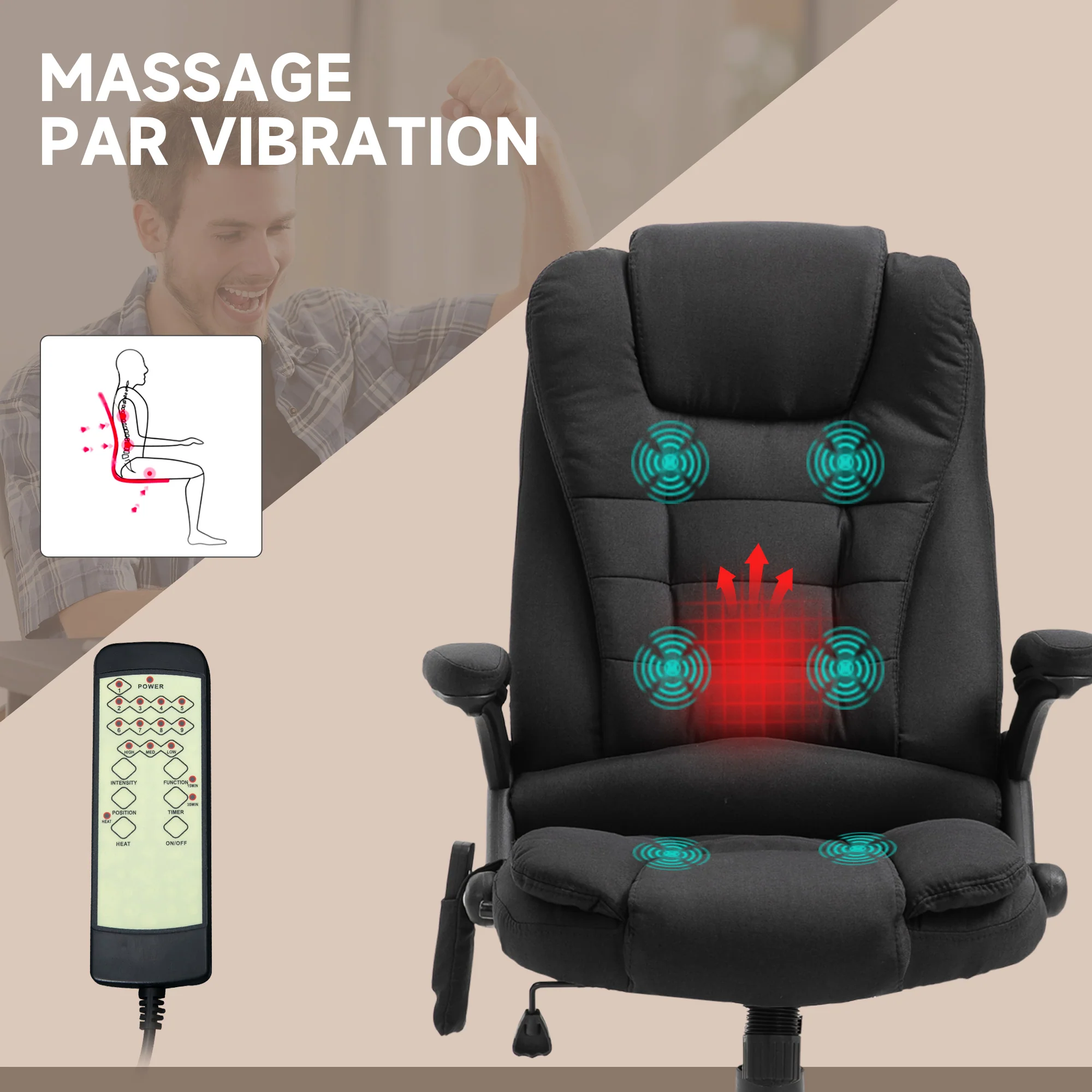 Fauteuil de bureau massant et chauffant, chaise de bureau, chaise ergonomique avec hauteur réglable, dossier inclinable et télécommande filaire, pivotant à 360° tissu en polyester noir - Image 5