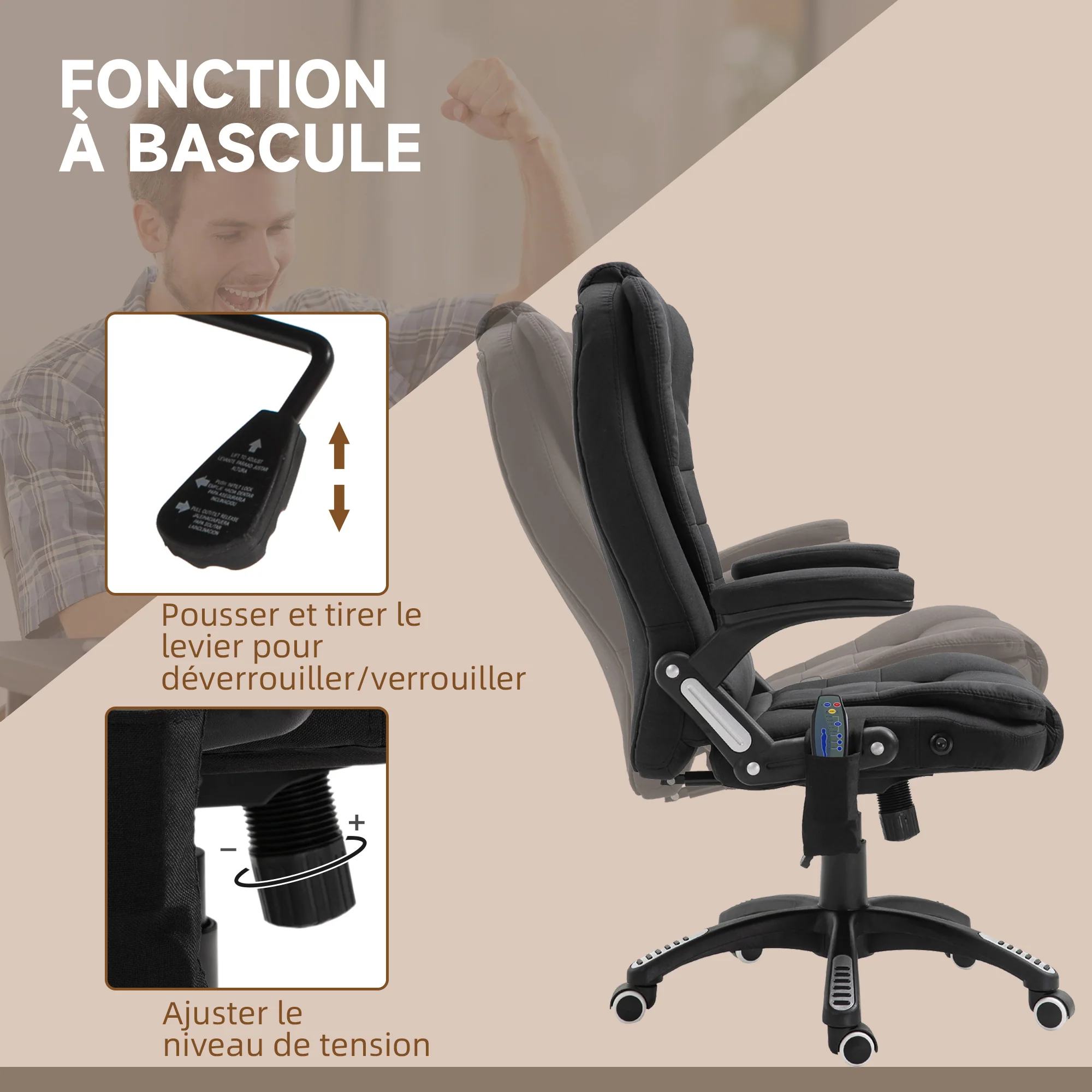 Fauteuil de bureau massant et chauffant, chaise de bureau, chaise ergonomique avec hauteur réglable, dossier inclinable et télécommande filaire, pivotant à 360° tissu en polyester noir - Image 7