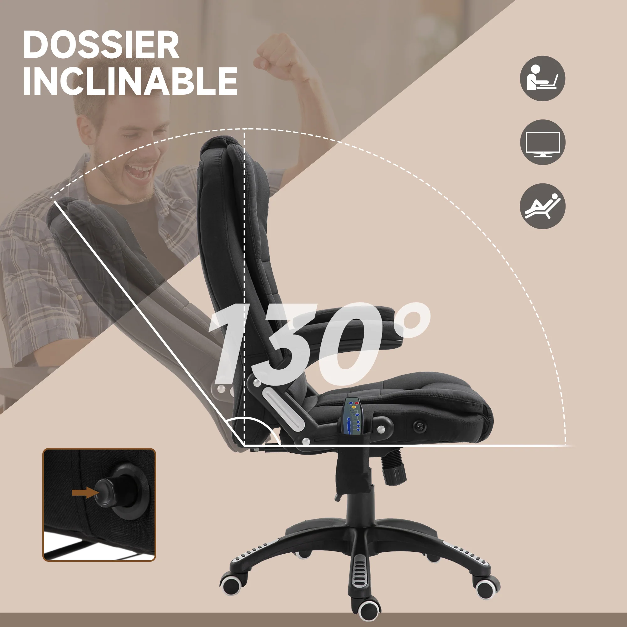 Fauteuil de bureau massant et chauffant, chaise de bureau, chaise ergonomique avec hauteur réglable, dossier inclinable et télécommande filaire, pivotant à 360° tissu en polyester noir - Image 8