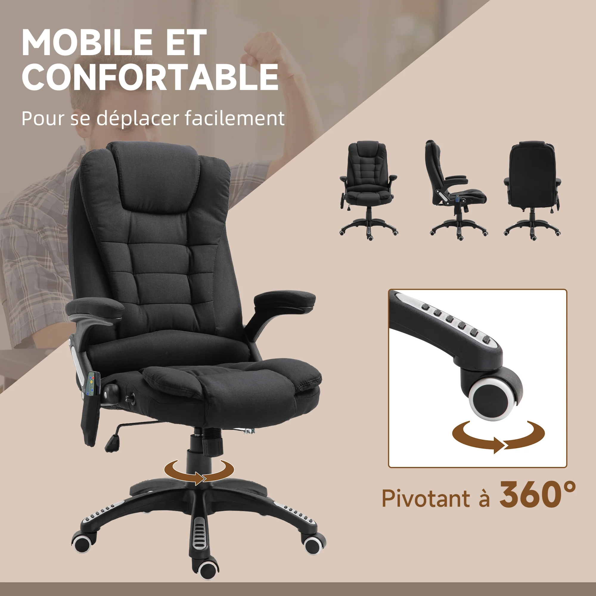 Fauteuil de bureau massant et chauffant, chaise de bureau, chaise ergonomique avec hauteur réglable, dossier inclinable et télécommande filaire, pivotant à 360° tissu en polyester noir - Image 9