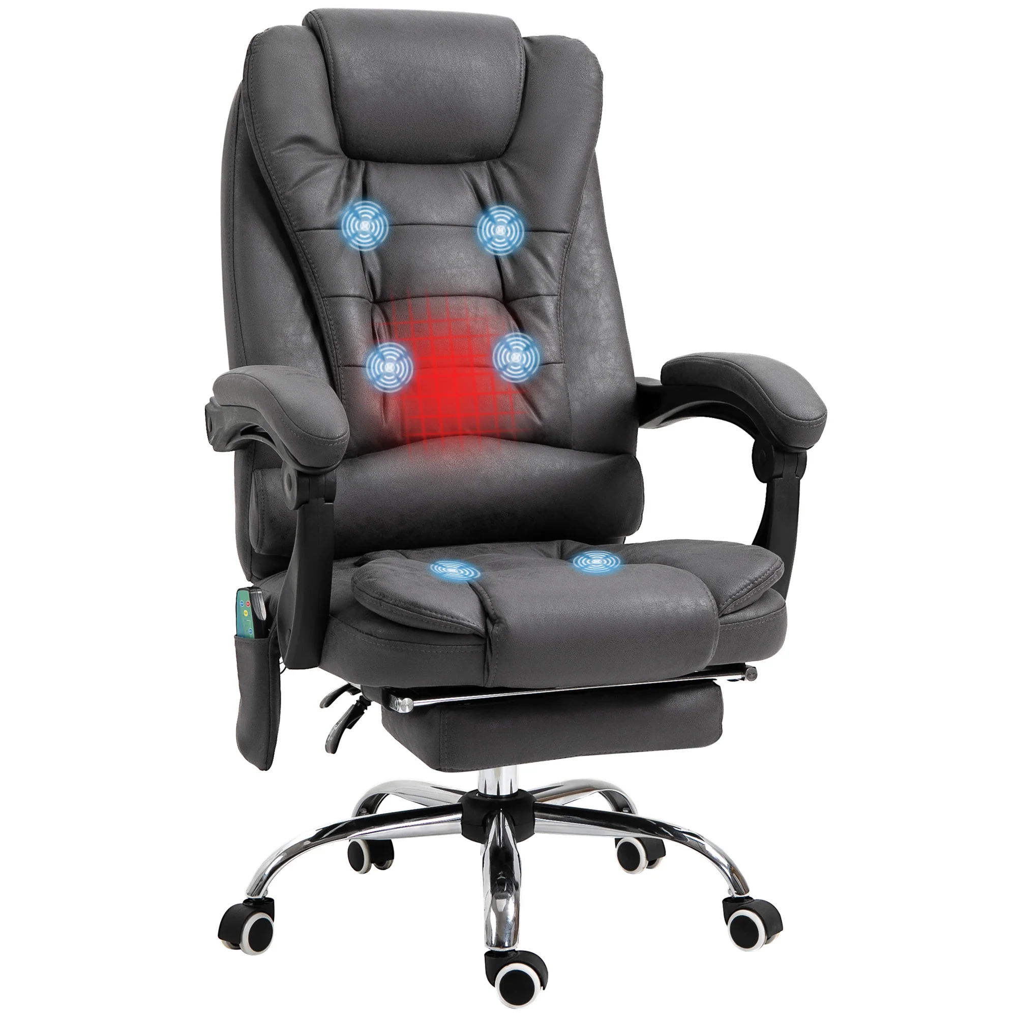 Fauteuil de bureau massant et chauffant, chaise de bureau ergonomique hauteur réglable, dossier inclinable, repose-pieds, télécommande filaire, pivotant 360°, tissu en microfibre, gris foncé - Image 11