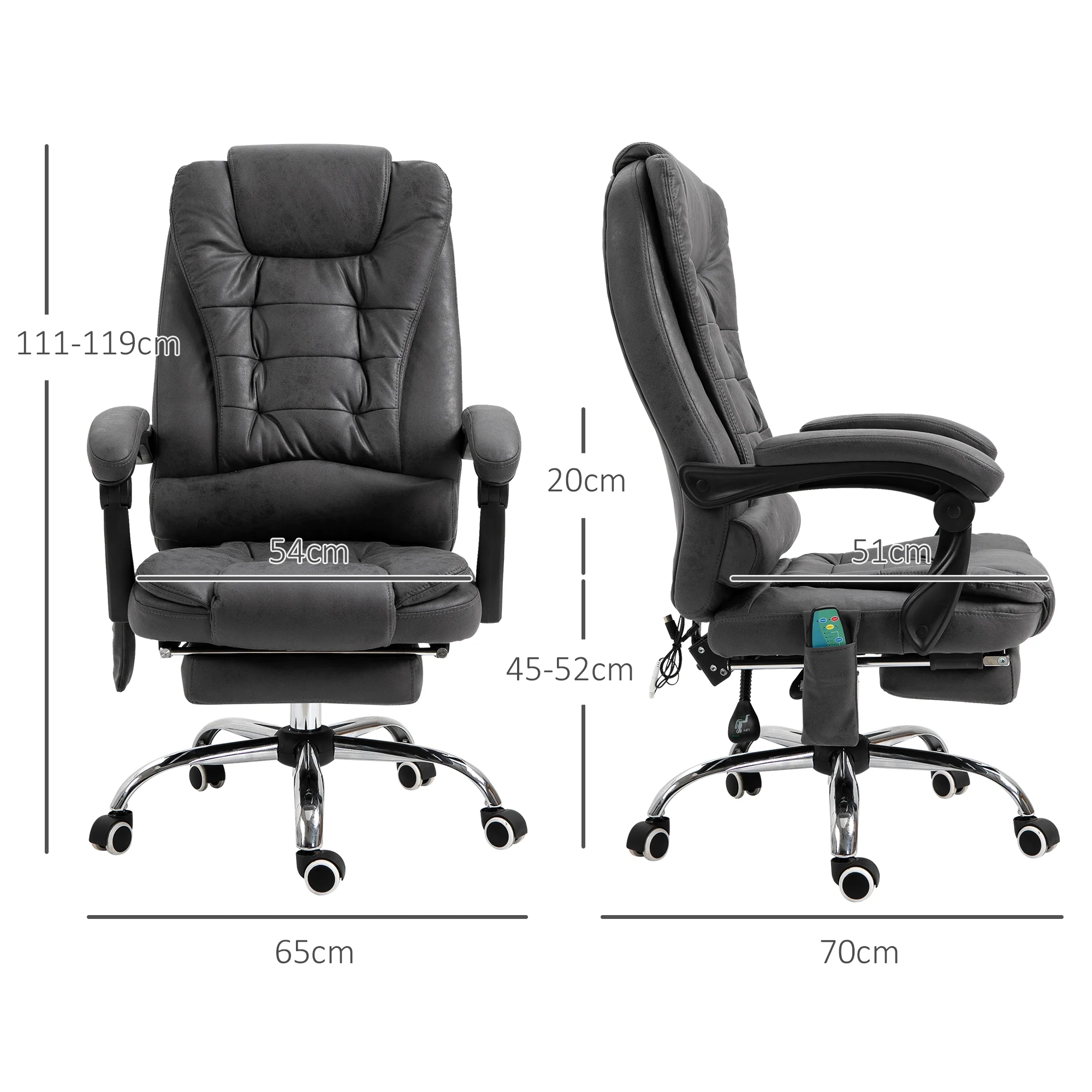 Fauteuil de bureau massant et chauffant, chaise de bureau ergonomique hauteur réglable, dossier inclinable, repose-pieds, télécommande filaire, pivotant 360°, tissu en microfibre, gris foncé - Image 4