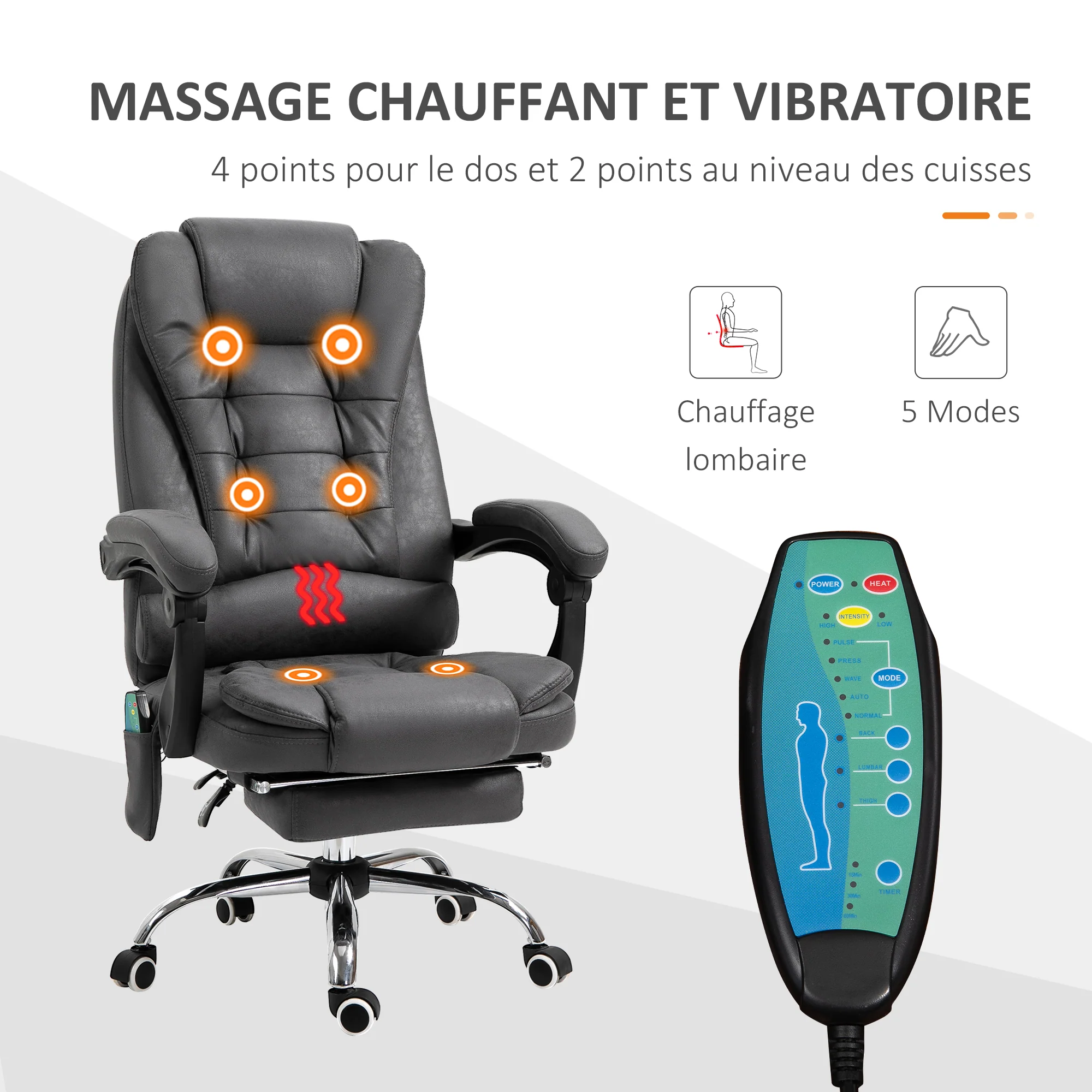 Fauteuil de bureau massant et chauffant, chaise de bureau ergonomique hauteur réglable, dossier inclinable, repose-pieds, télécommande filaire, pivotant 360°, tissu en microfibre, gris foncé - Image 5